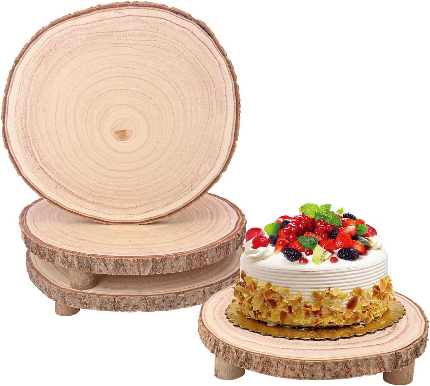 4 PCS Wood Slice with Legs, 11-13 Inch Rustic Wood Cake Stand, Ideal for Weddings Table Centerpieces, Parties, Home Decorations and Special Events