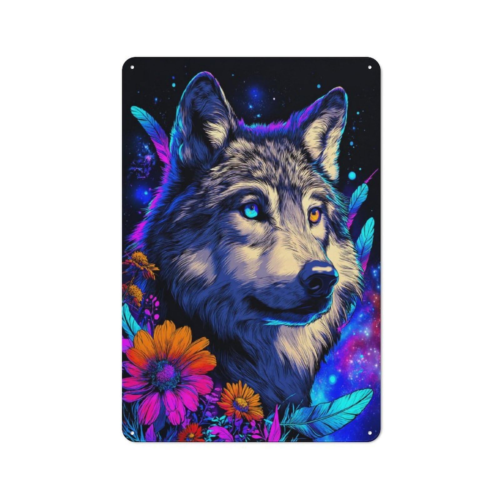 Junmoney Neon Wolf With Flowers Metal Plaque With Design 30X20cm, Cosy Diner Style Decor For Coffee Bar, Kitchen, Bistro Or Tea Corner