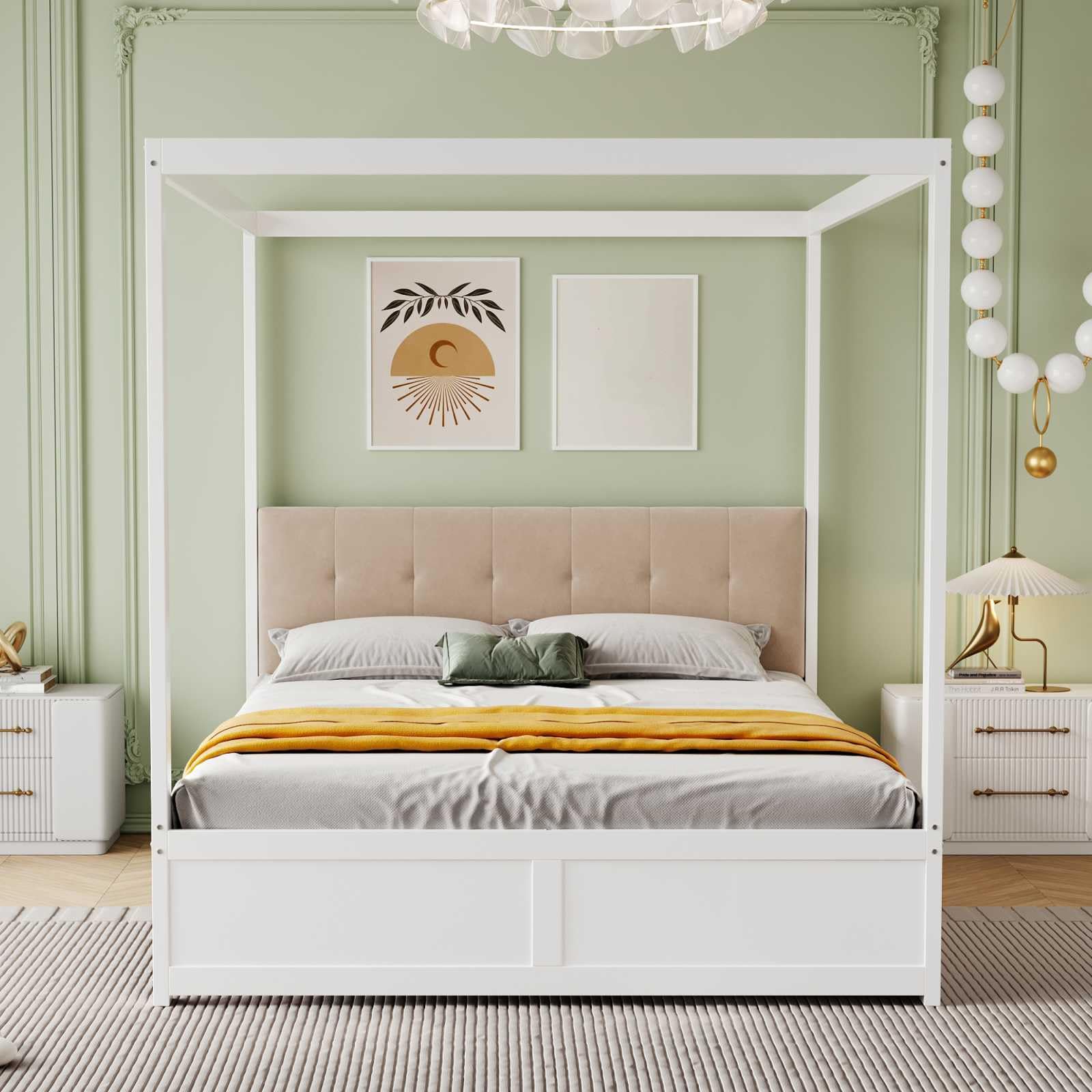 YEHTOKHOME Lit à baldaquin 140x200cm,lit Multifonctionnel avec Deux tiroirs,lit en Bois avec Dossier rembourré,lit Double avec sommier à Lattes(sans Matelas) (Blanc)