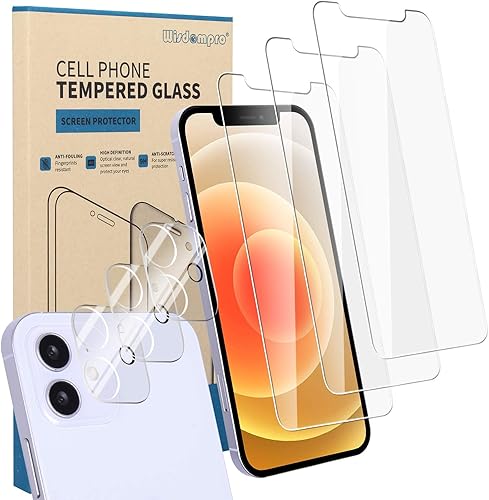 Wisdompro Paquete de 3 protectores de pantalla para iPhone 12 y 3 protectores de lente de cámara, pantalla de vidrio templado transparente y
