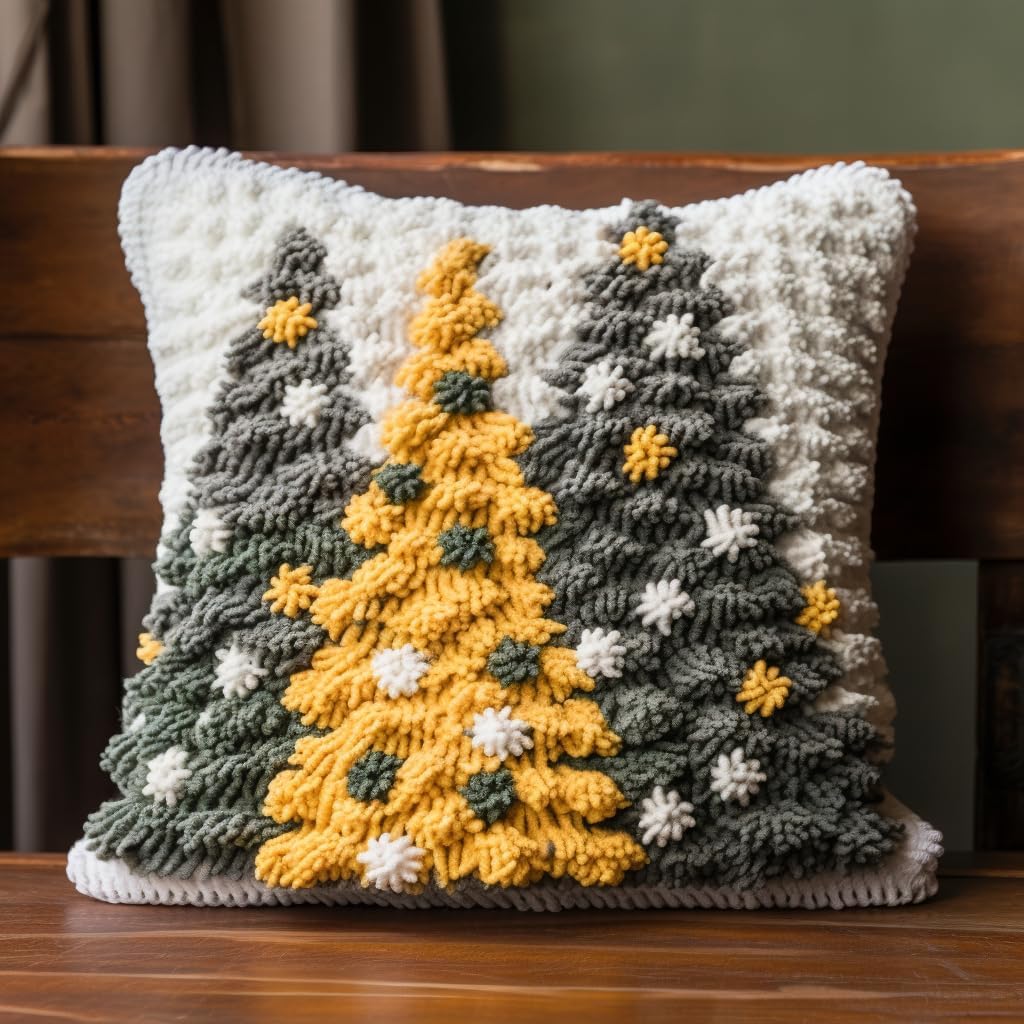 Grey and Yellow Christmas Tree DIY Latch Hook Pillow Kit Easy for Adults Throw Pillow Cover with Printed Canvas Crochet Yarn Needle Craft Handmade Cushion for Christmas Decoration 43x43cm(2)
