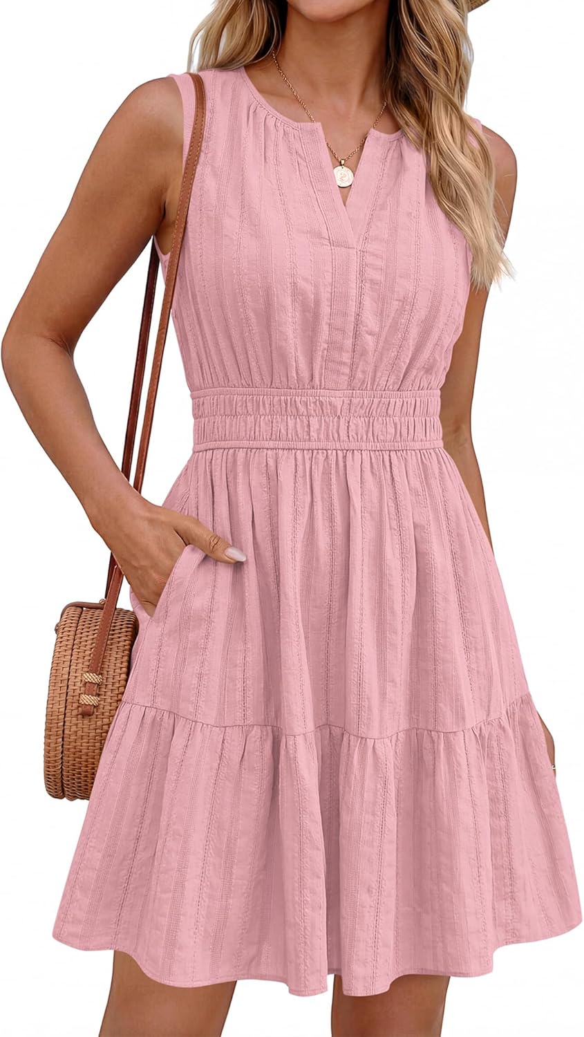 BTFBM Women’s Summer Dresses 2026 Sleeveless V Neck Casual Mini Dress Swing Boho A Line Beach Vacation Sundress Pockets - Image 3