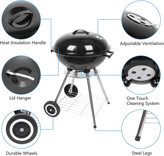 Portable 18Inch BBQ, Outdoor Charcoal Barbecue Grill ,Portable Charcoal Grill, 18 Inch Camping BBQ Grill with Wheels for Outdoor Cooking Picnic Barbecue