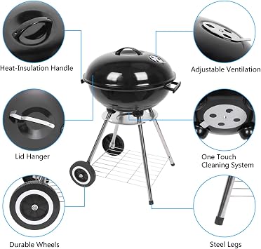 Portable 18Inch BBQ, Outdoor Charcoal Barbecue Grill ,Portable Charcoal Grill, 18 Inch Camping BBQ Grill with Wheels for Outdoor Cooking Picnic Barbecue