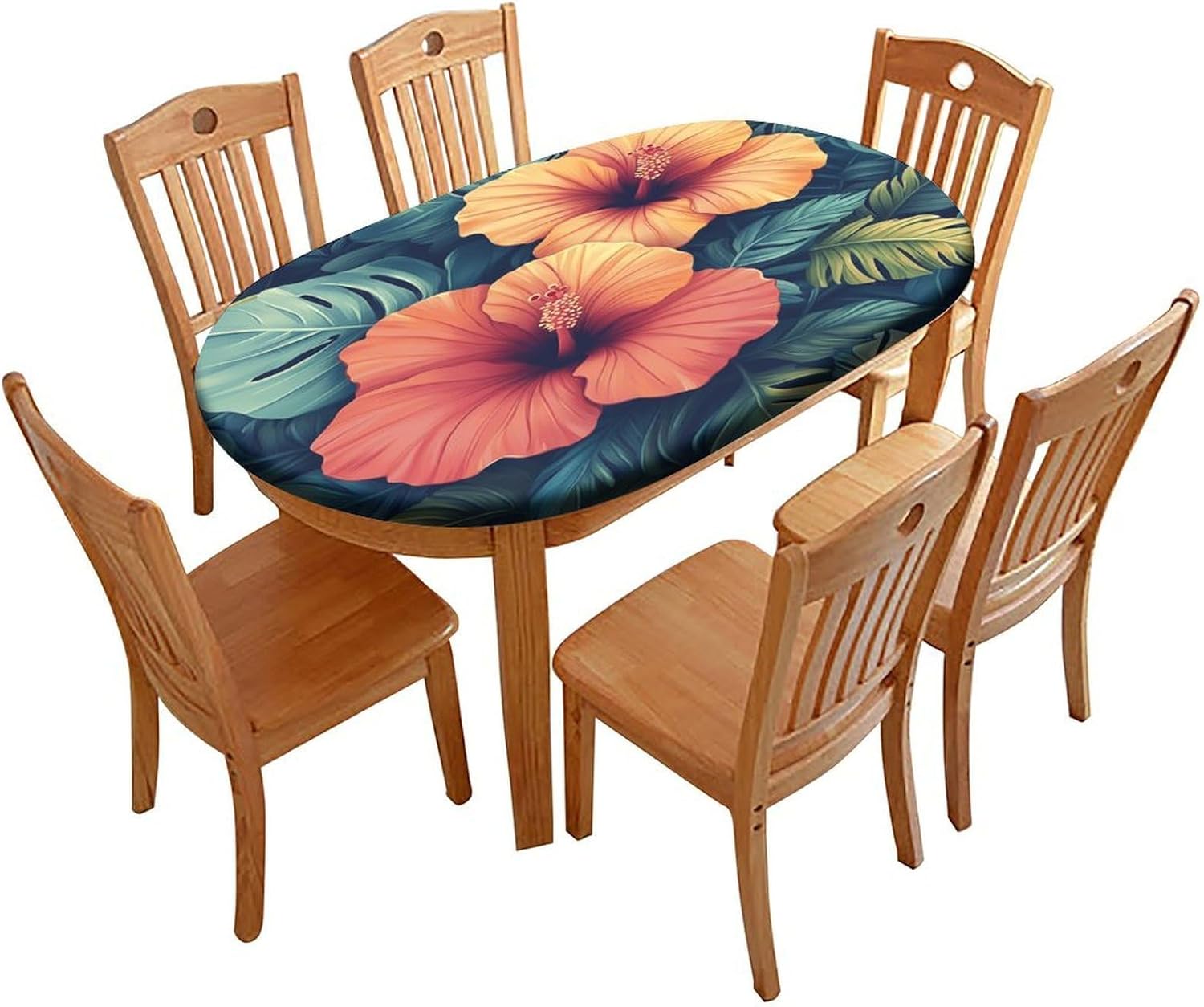 Fitted Tablecloths, Tropical Oasis Floral Pattern Printed on Oilproof Elasticated Table Cover, for Restaurant Banquets and Professional Catering Services, Fits for 54" x 76" Oval Tables