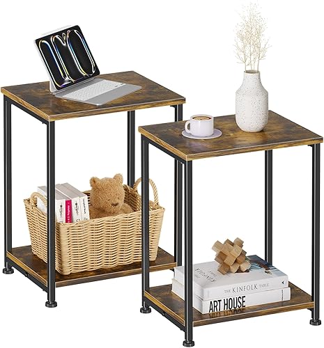 Simple Trending Mesa auxiliar, mesa auxiliar, juego de 2 mesitas de noche con estante de almacenamiento para espacios pequeños, color marrón rústico