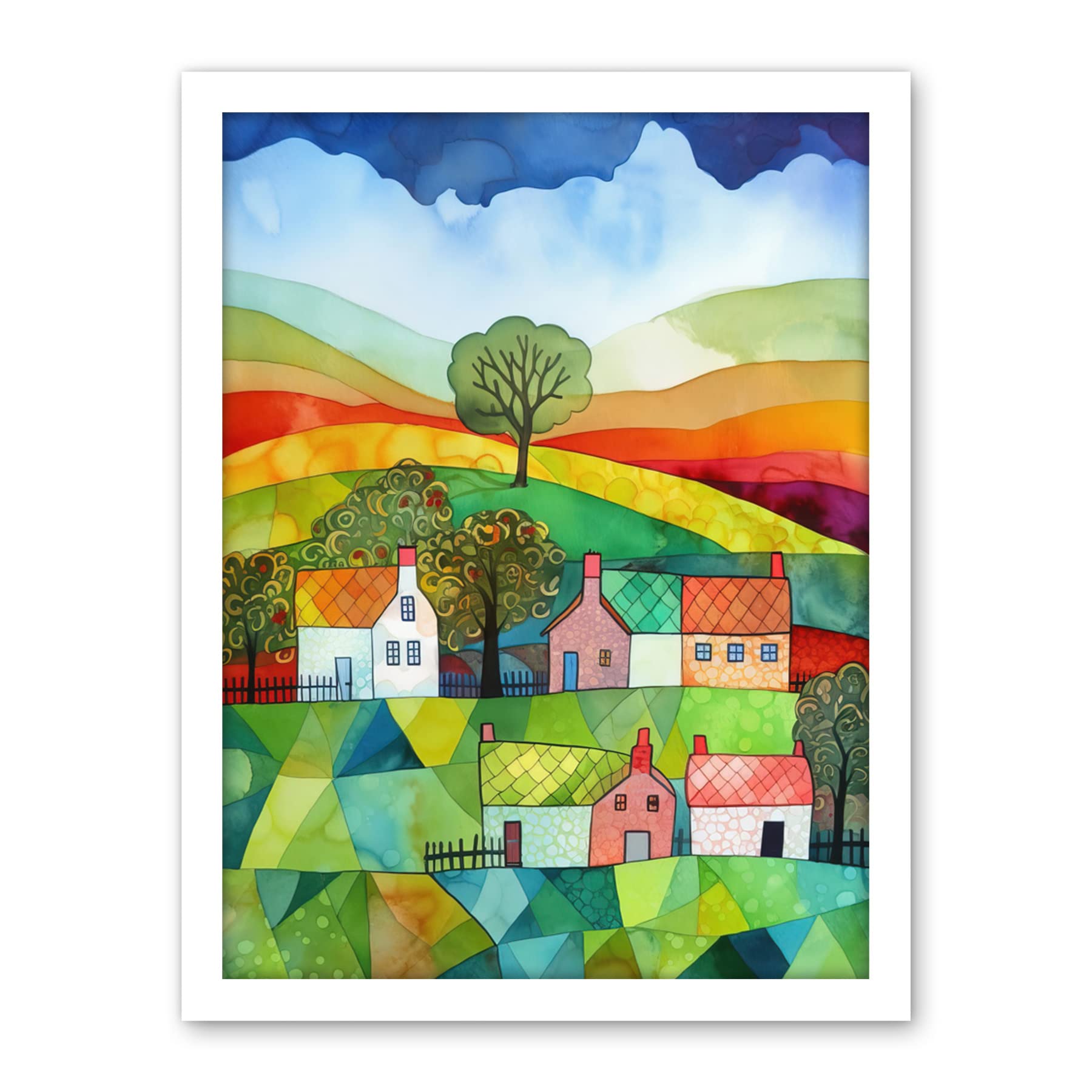 Artery8 Rural Landscape Rainbow Countryside Folk Art Watercolour Painting Artwork Framed Wall Art Print 18X24 Inch
