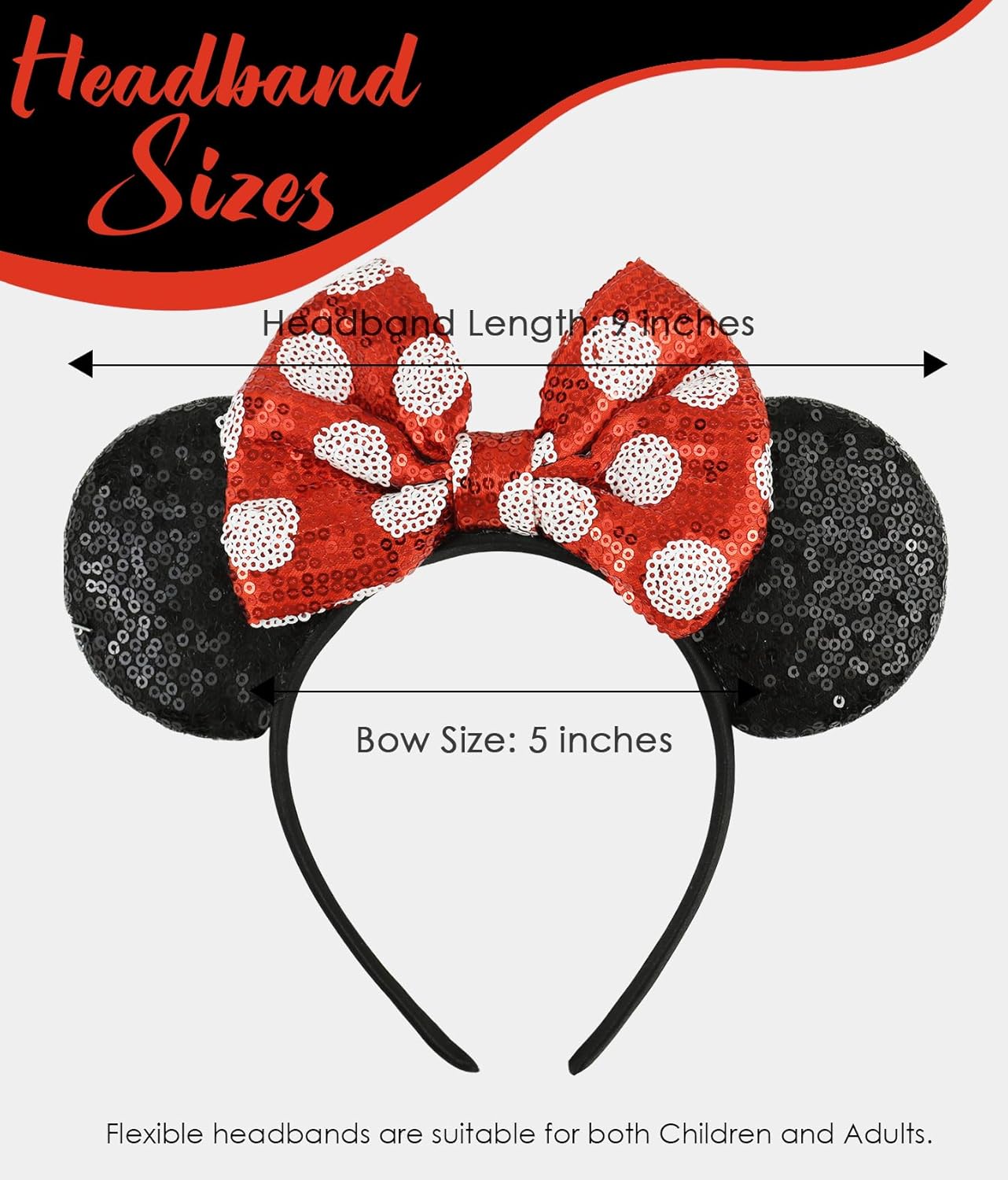 Mouse Ears Headband with Sequin Bows, Headbands for Kids Halloween Costume, Headwear Hair Accessories for Women Girls - Red and Black Headband-B