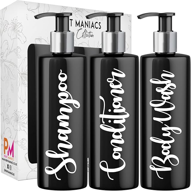Print Maniacs 3 Set Mrs Hinch Inspired Black Personalised Dispenser Pump Bottles Shampoo Conditioner Body Wash (White)