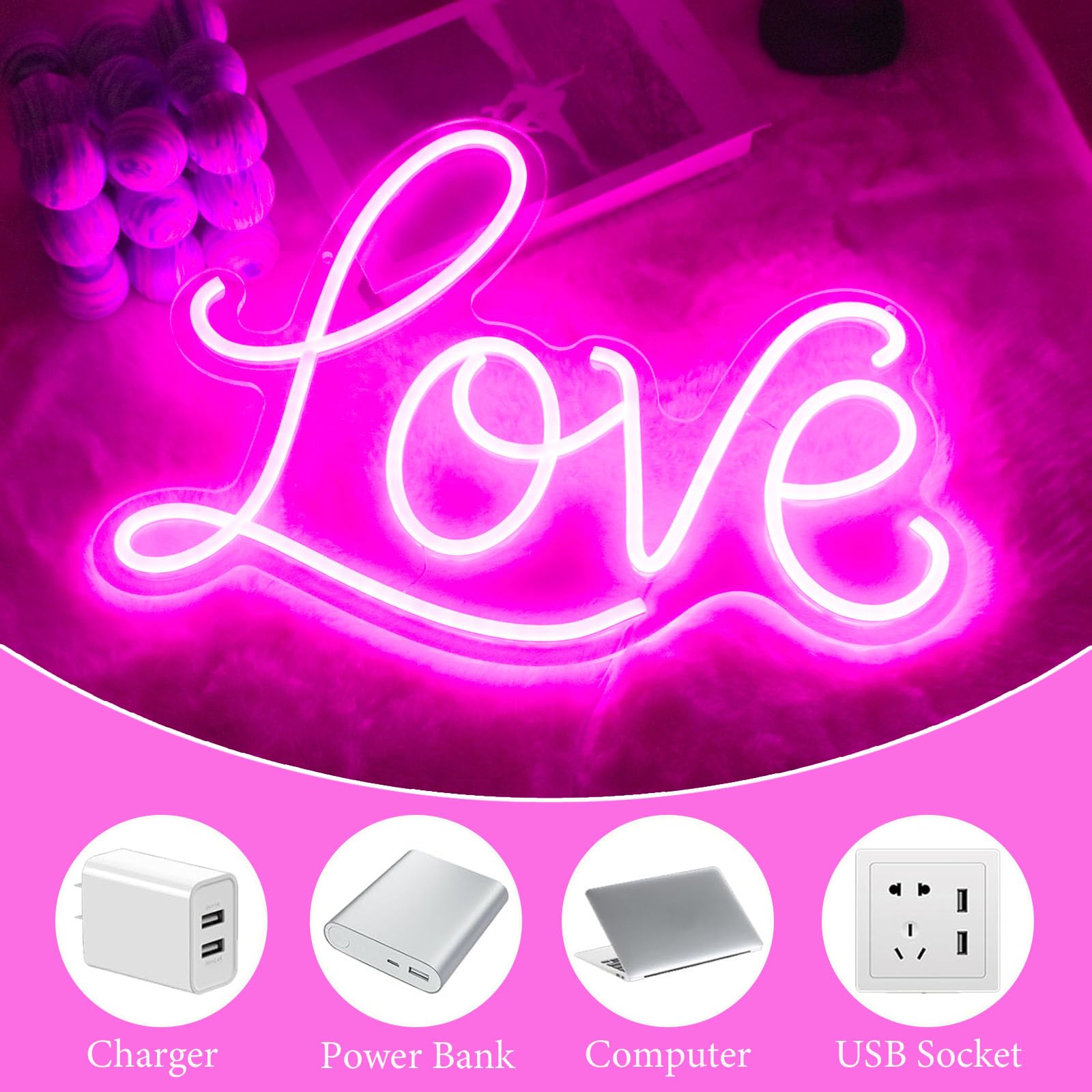 Neonschild mit Aufschrift "Love", Rosa, Neonlicht, LED-Wandschilder, USB-betriebenes Lichtschild für Mädchen, Schlafzimmer, Weihnachten, Valentinstag, Muttertag, Hochzeit, Wanddekoration