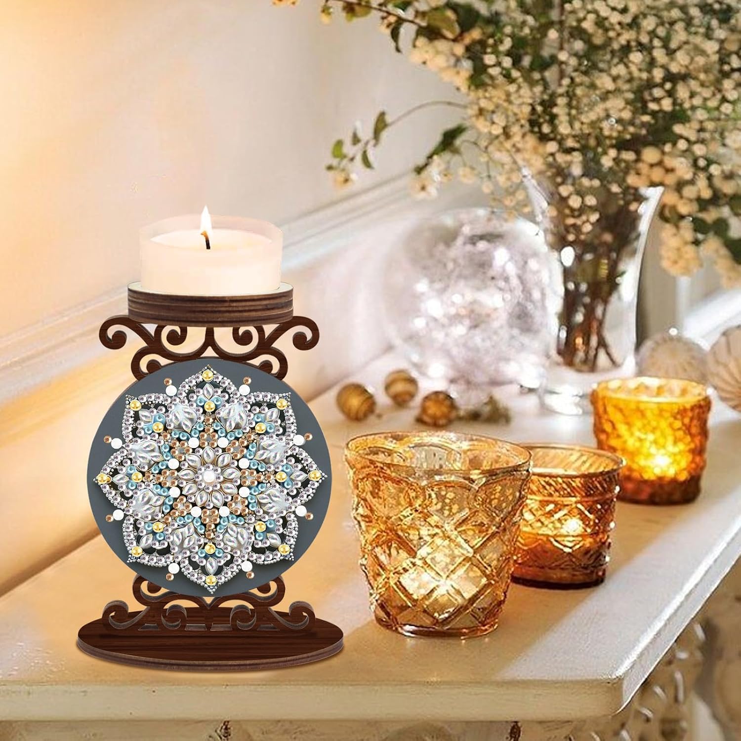MVVMTOP Diamond Art Painting Kits of Candle Holder, 5D DIY Flower Design Special Shaped Diamond Art Painting, Wooden Craft Stand for AromaRelax & Home Decor, Desktop Ornaments and Perfect Gifts image 5