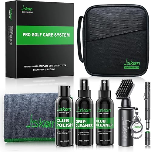Jiskan Pro Golf Cleaning Kit with Golf Club Cleaner Brush, Grip Cleaner, Club Polish, Towel, Club Groove Sharpener Tool Essentials Golf Accessories for Men Golf Gifts for Golfers