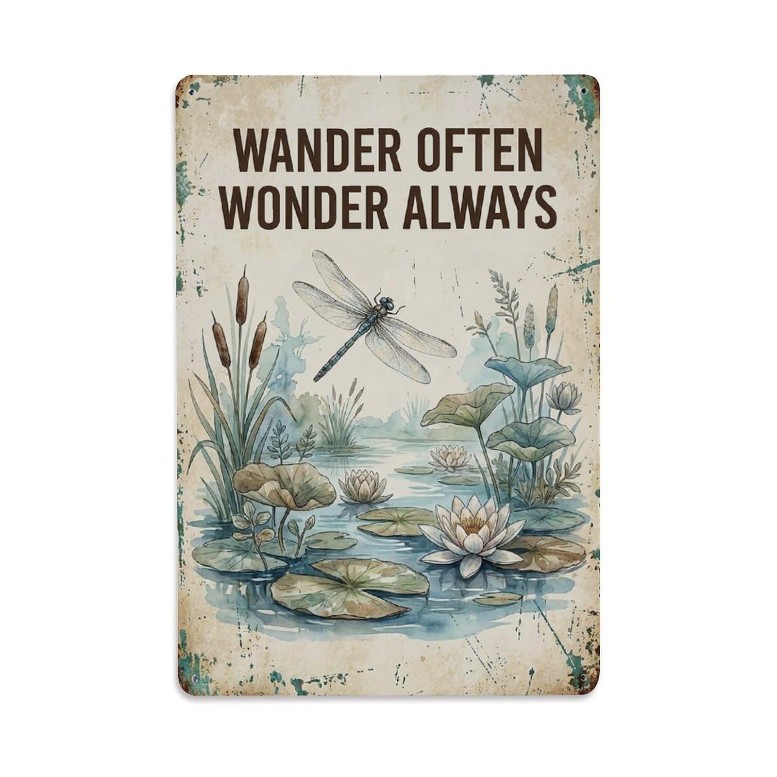 Okngb Style Whimsical Dragonfly Garden Quote Often Wonder Always Metal Tin Sign Plaque Wall Decor For Cafe, Man Cave, Club Bar, Office, Home Garden Round Metal Poster 8X12inch