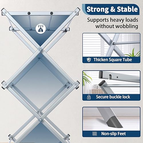 Miniatura 5 de Whitmor Estante de secado de ropa plegable tendedero de ropa de 3 niveles, estante de secado plegable, estante de ropa portátil que ahorra espacio