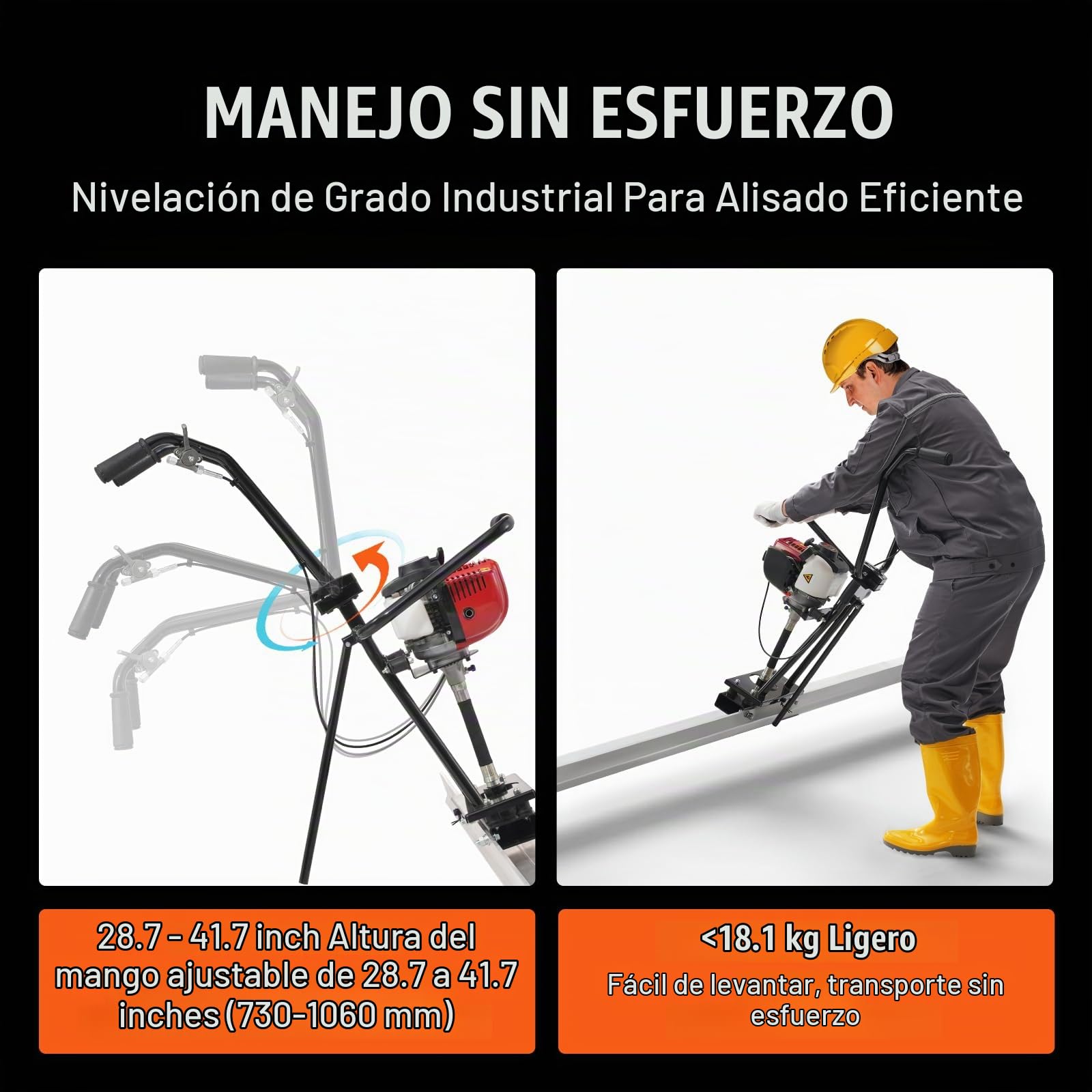 VEVOR Regla Eléctrica para Hormigón Gas 1830 mm Kit Flotador de Barra de Borde Recto de Aluminio 6500 rpm Acabado Cemento de 4 Tiempos con Mangos Regulables en Altura Herramienta para Hormigón