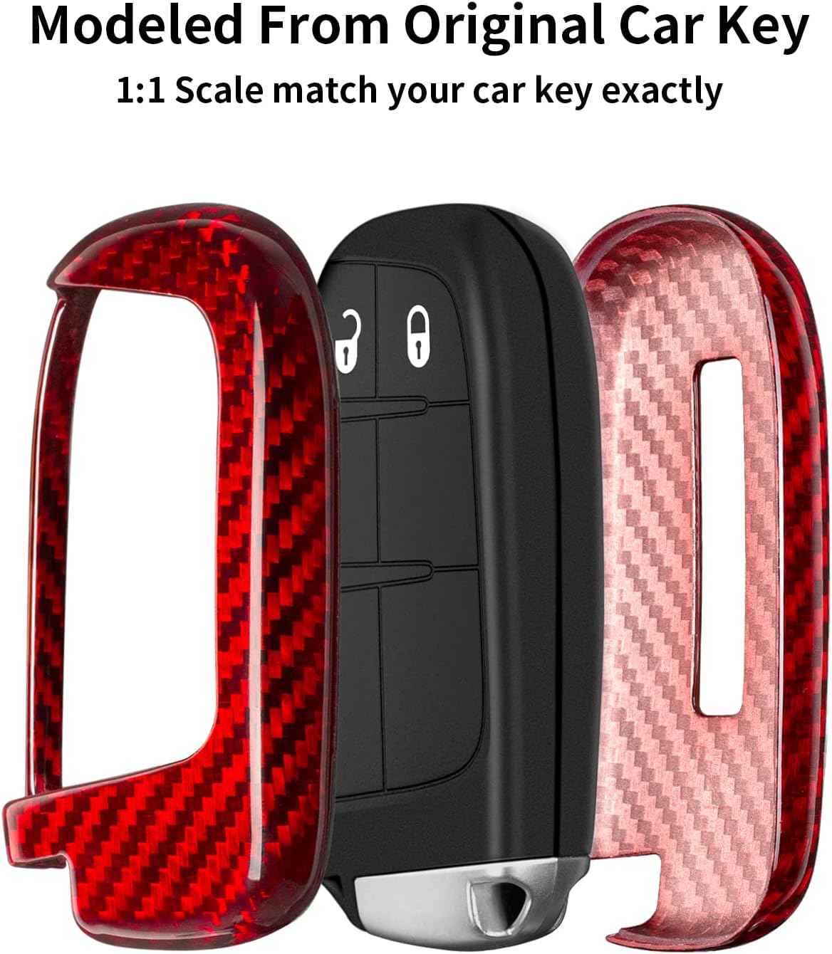 T-carbon Glass Fiber Key Fob Cover Compatible with Jeep Grand Cherokee Cherokee Renegade Chrysler 200 300 Dodge Charger Challenger Durango Journey Protection Key Case 2009-2023, Red