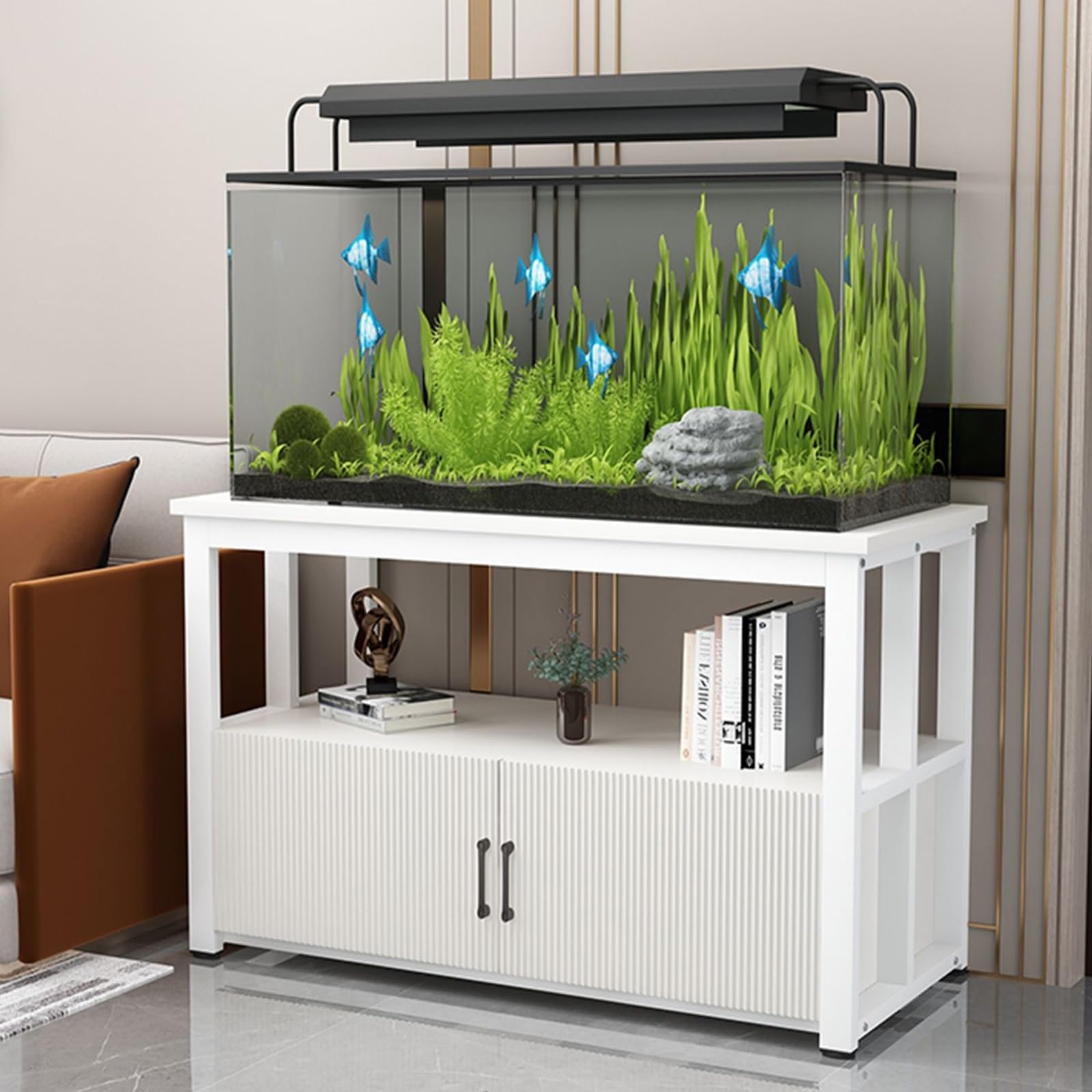 FORRTY Fish Tank Rack With Storage Cabinet, Aquarium Stand, 2-Tier Design, 40-120cm Length, Space-Saving, Heavy Load Capacity, With Doors And Shelves, Perfect For Living Room, Restaurant(White+white,6