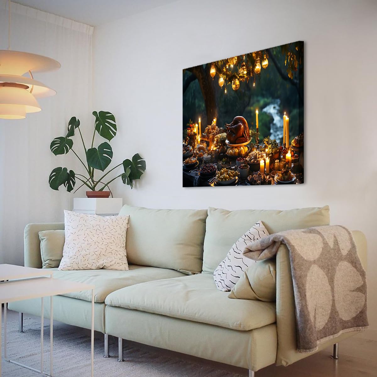 YUNART Festin rustique Toile art mural Dîner de Thanksgiving Peinture sur toile encadrée Ferme cuisine Murale pour cuisine Salon 75x75cm Cadre intérieur