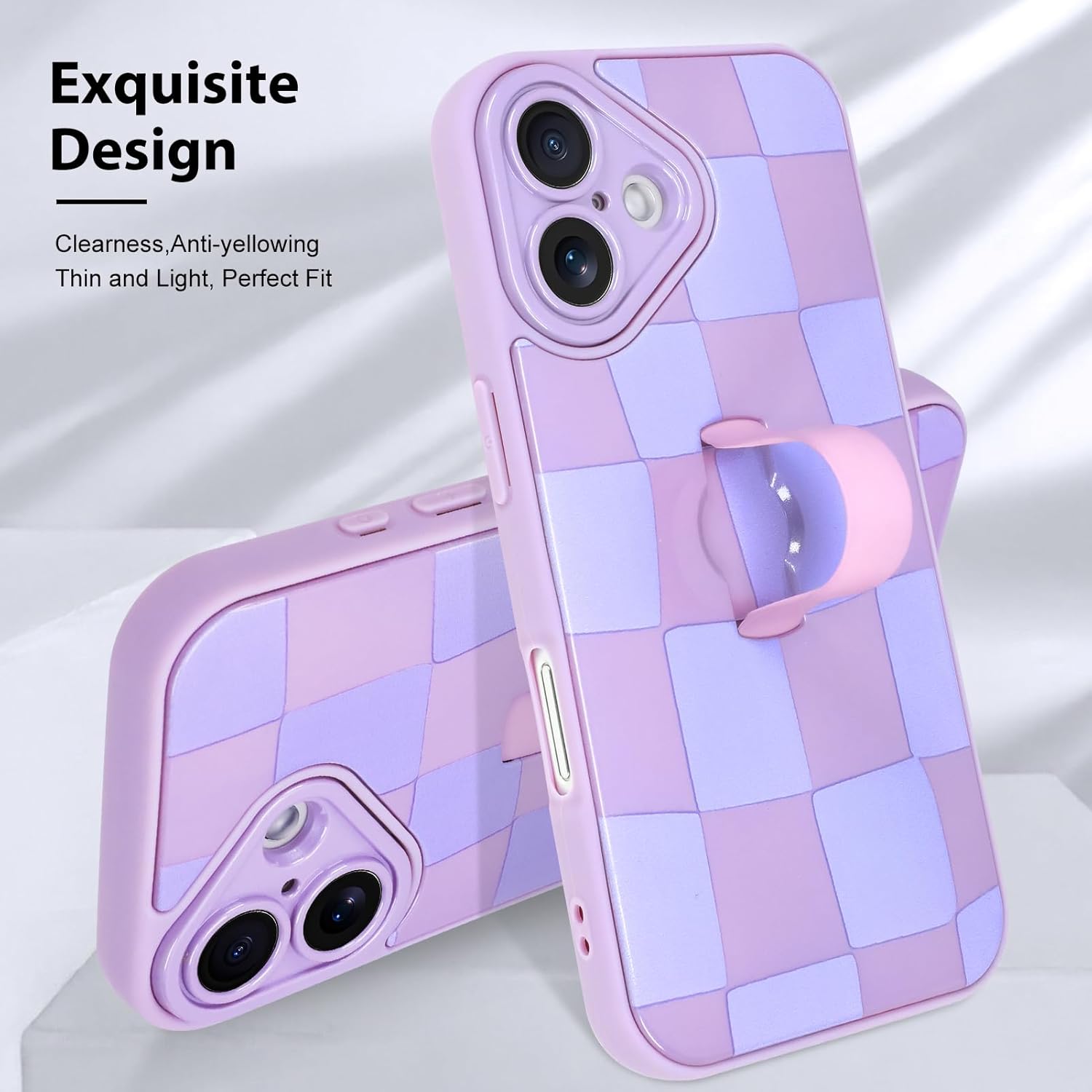KANGHAR Compatible with iPhone 17 Case 2025, Silicone Checkered Cute Pattern, Wristband Kickstand Camera Protection Soft Slim Cover for Girls Women -Purple