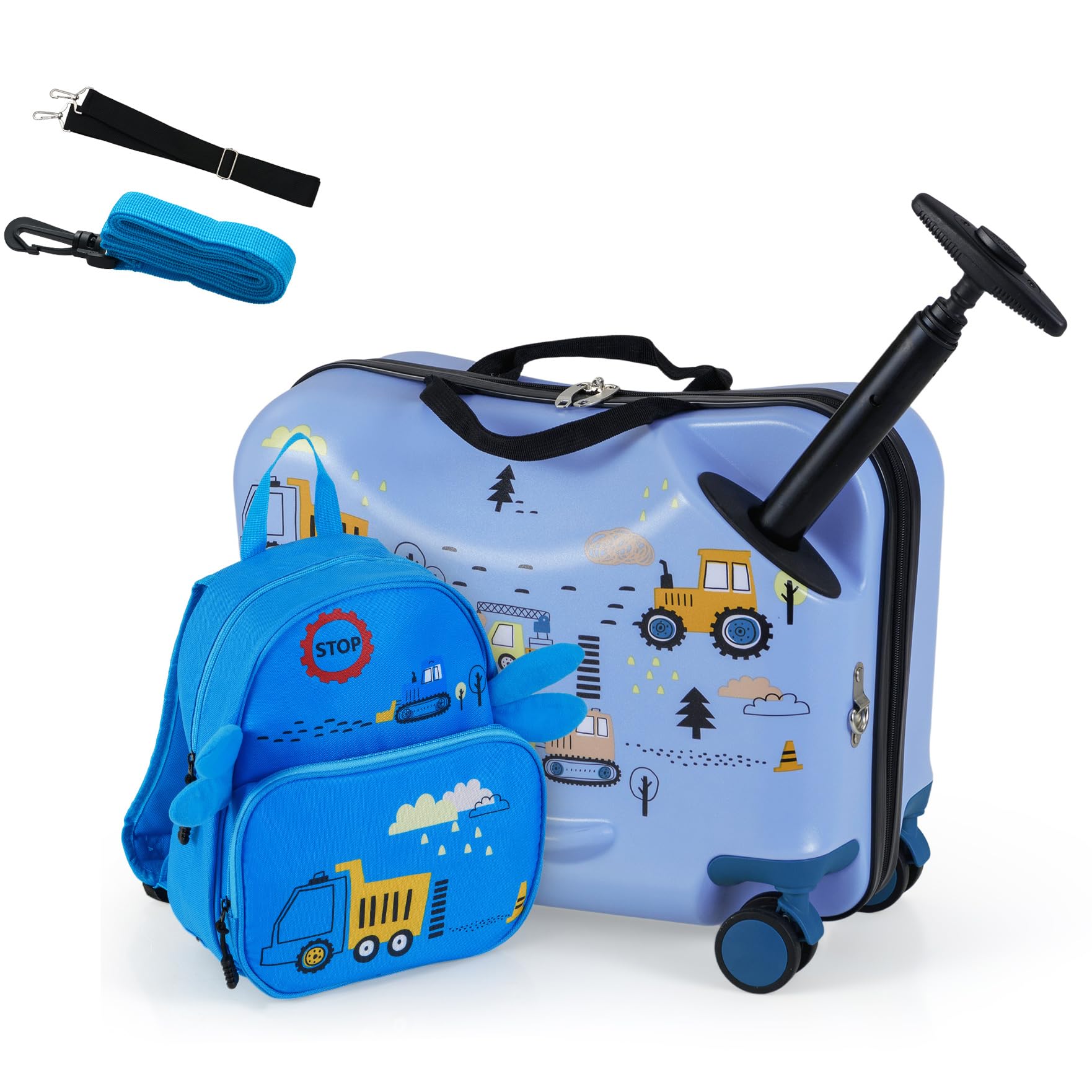 DREAMADE Kinderkoffer zum Draufsitzen, 2 TLG. Kinderkoffer mit Rucksack, Kindergepäck Trolley zum Reisen, Reisetrolley Kinder Trolley Set (18 Zoll +12 Zoll,Blau-Bagger)