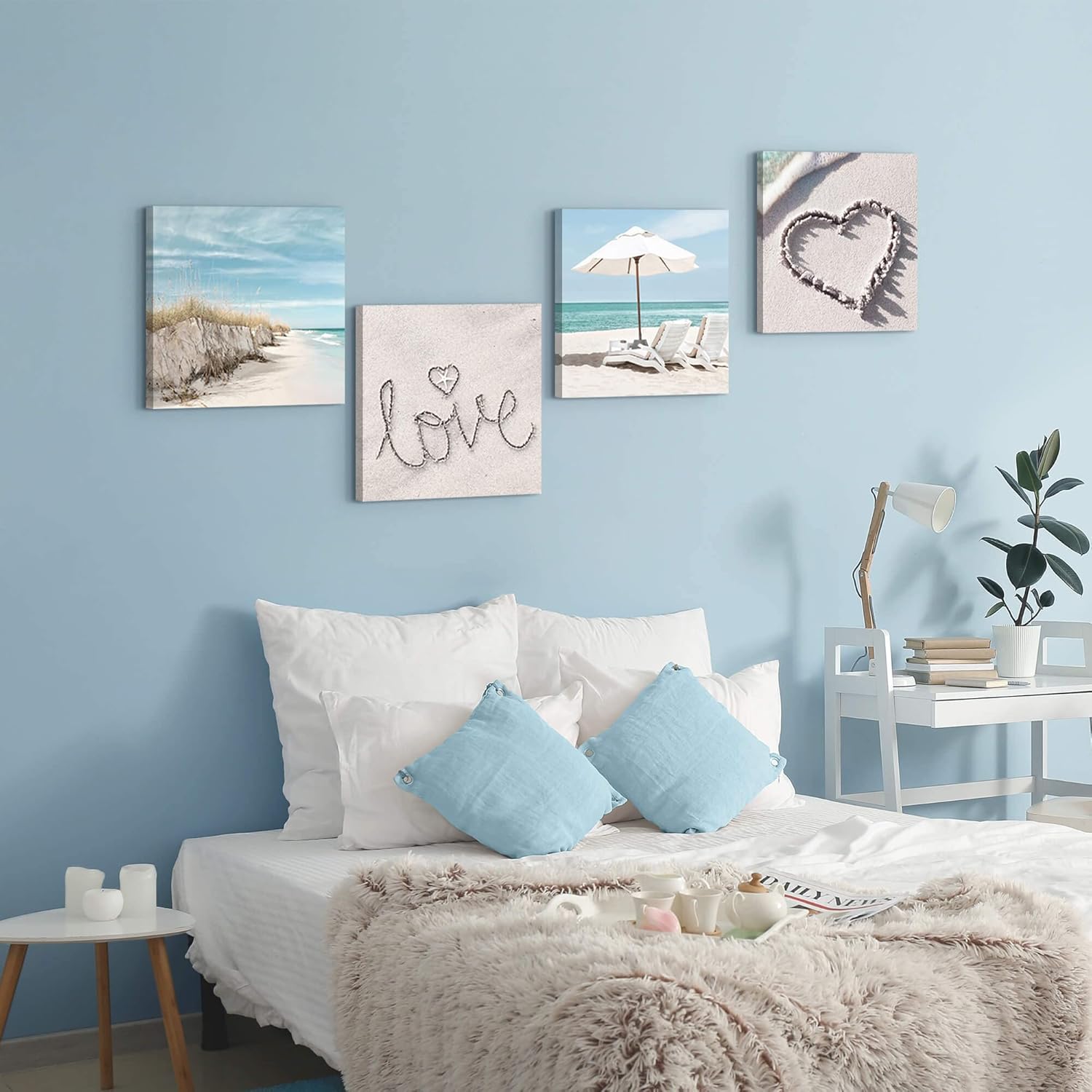Bedroom Beach Canvas Wall Art: Living Room Blue Ocean Picture Painting Modern Coastal Theme Print 4 Panel Kitchen Sea Scene Landscape Artwork Contemporary Square Seascape Seaside Photo 16"x16"
