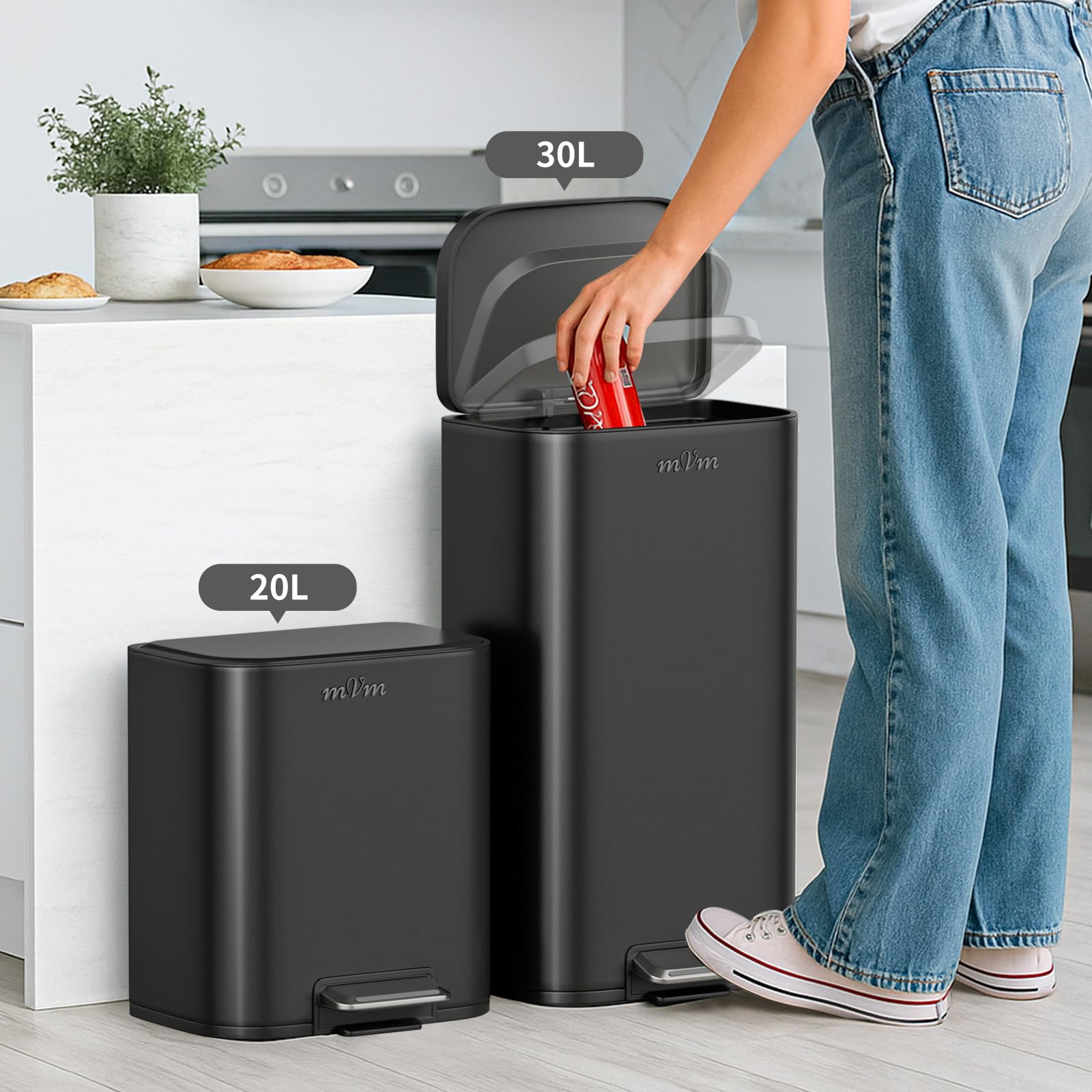 mVm Papelera de Cocina con Pedal 20L, Cubo de Basura Negro, Acero Inoxidable Antihuellas, Tapa Amortiguada Cierre Suave, con Cubo Interior Extraíble, para Cocina Oficina Baño
