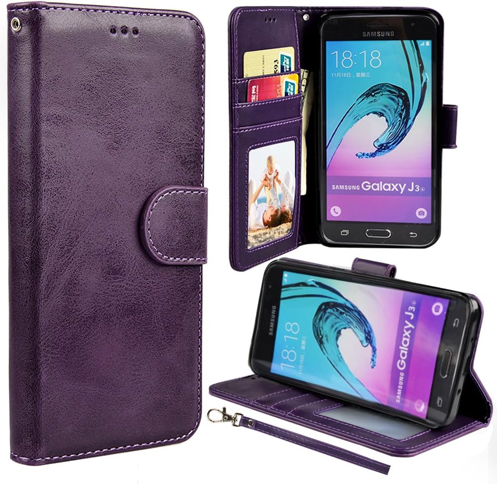 UrSpeedtekLive J3 Case, Galaxy J36V Case, Express Prime Case, Luxury PU Leather Wallet Case Cover w/Strap Card Slots Flip Magnetic Closer & Kickstand for Samsung Galaxy J3 (2016) / Amp Prime - Purple