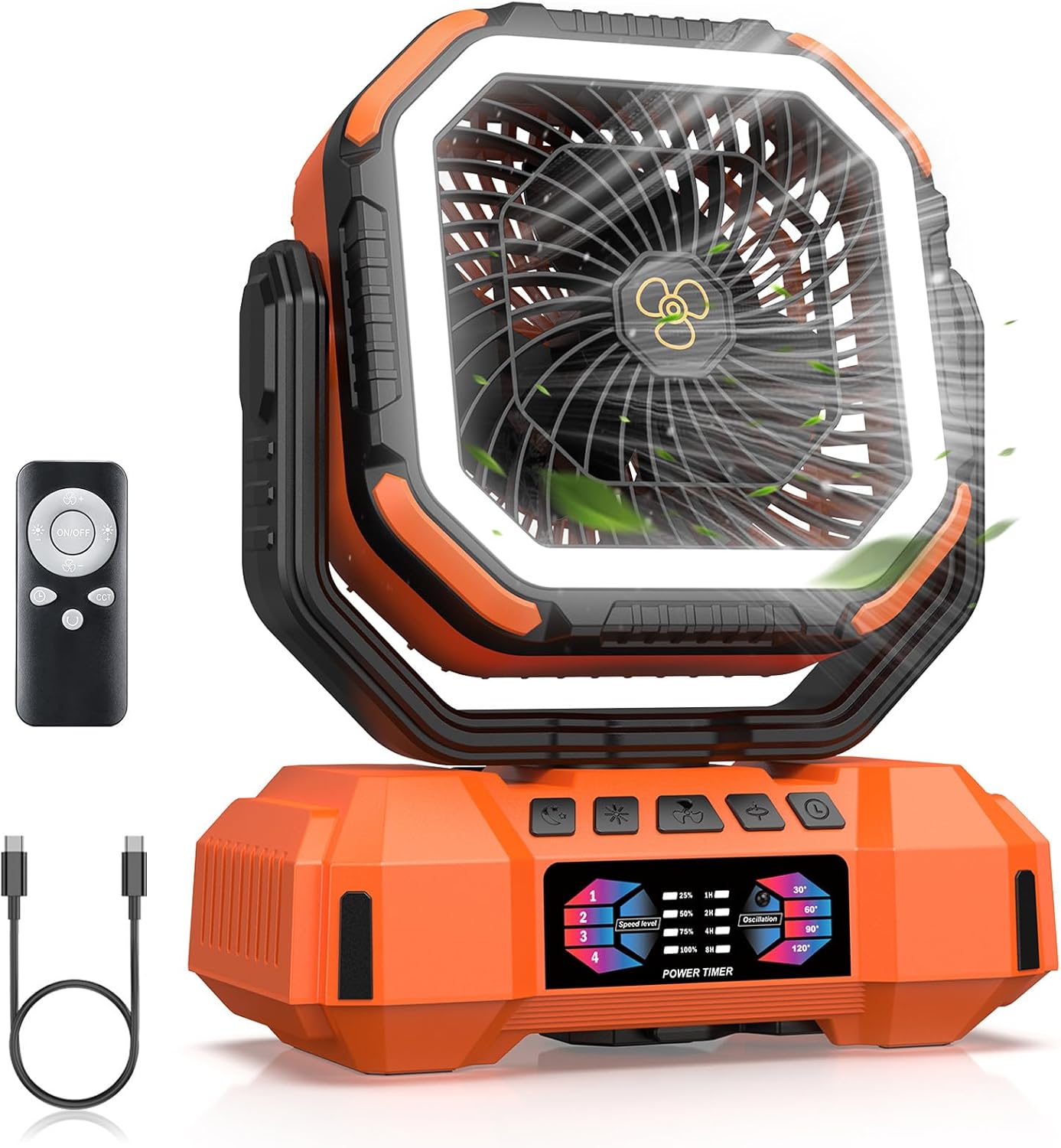 Portable Camping Fan 40000mAh Battery Powered, Rechargeable Camping Fan with Remote & LED Light, 4 Speed Strong Airflow & 3 Colors Light for Desk/Outdoor/Tent/Camping/Fishing, Orange