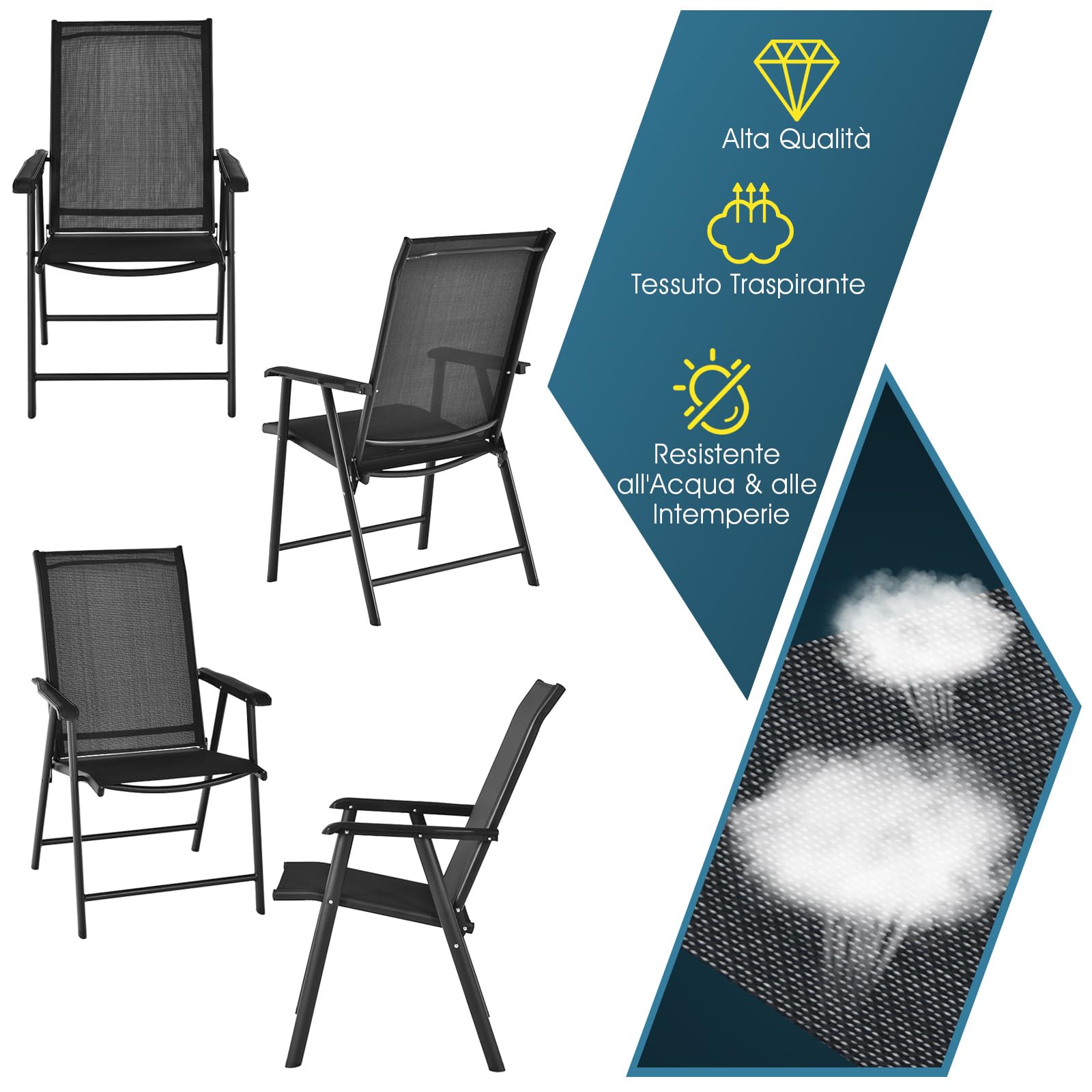 COSTWAY Set di 2 Sedie Giardino Pieghevoli, Poltrona da Esterno con Struttura in Metallo, con Braccioli, Ideale per Campeggio Spiaggia, Portata 100 kg, 68 x 59 x 93 cm (Nero)