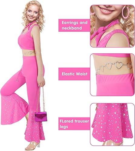 Miniatura 2 de Soyezletop Disfraz de vaquera de los años 70 y 80, disfraz de discoteca hippie para Halloween, cosplay, pantalones acampanados rosa para mujer