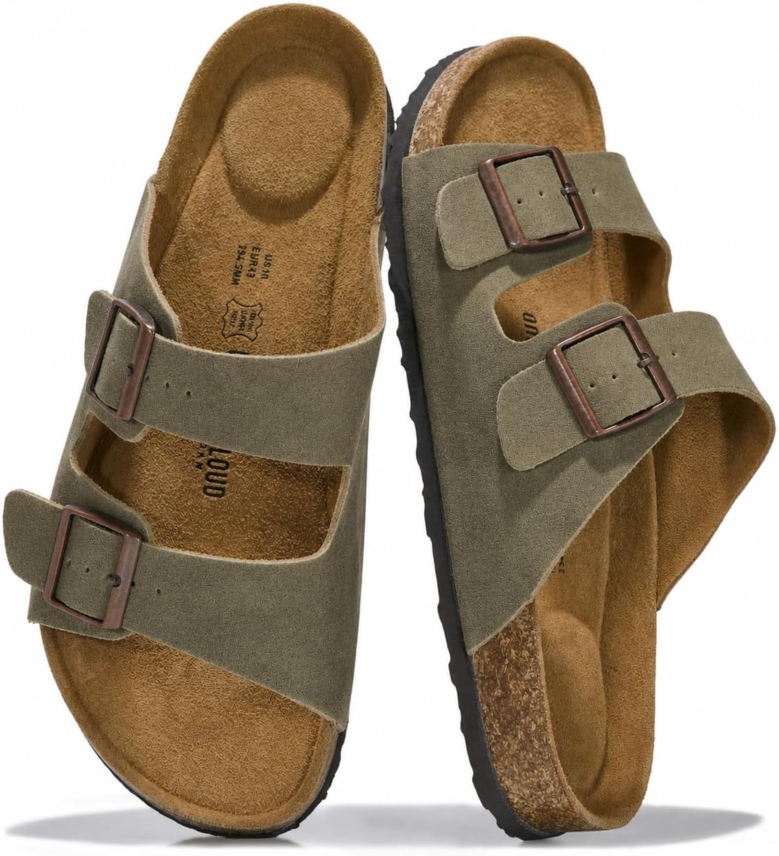 Project Cloud Mens Sandals 100% Genuine Leather - Memory Foam Insole & Cork Footbed Slides for Men Footwear - Non-Slip Summer Sandals for Men & Lightweight Mens Slides (Heritage, ARMYSUEDE,9)