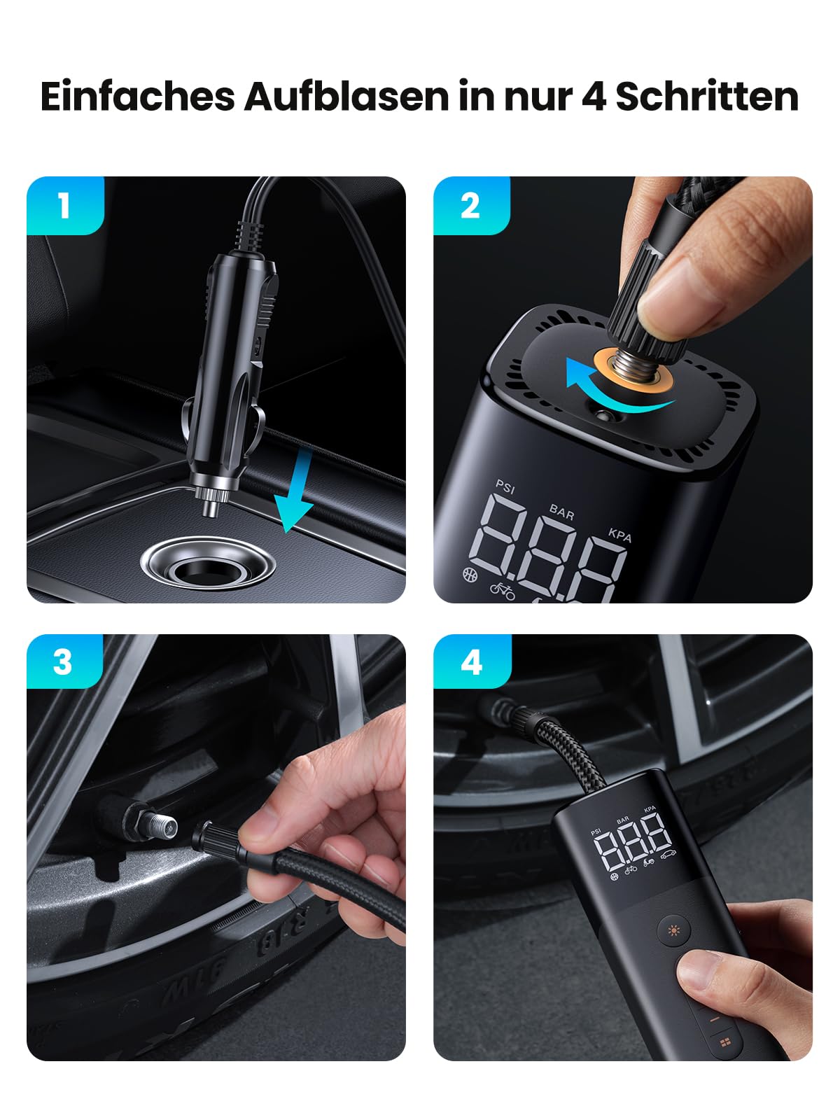 UGREEN Luftpumpe mit Zigarettenanzünder (0.2-10.3bar / 3-150psi )Elektrischer Kompressor Tragbar Fahrradpumpe Mini Reifenpumpe mit Digital LED Anzeige LED Licht für alle Fahrräder Motorräder und Autos