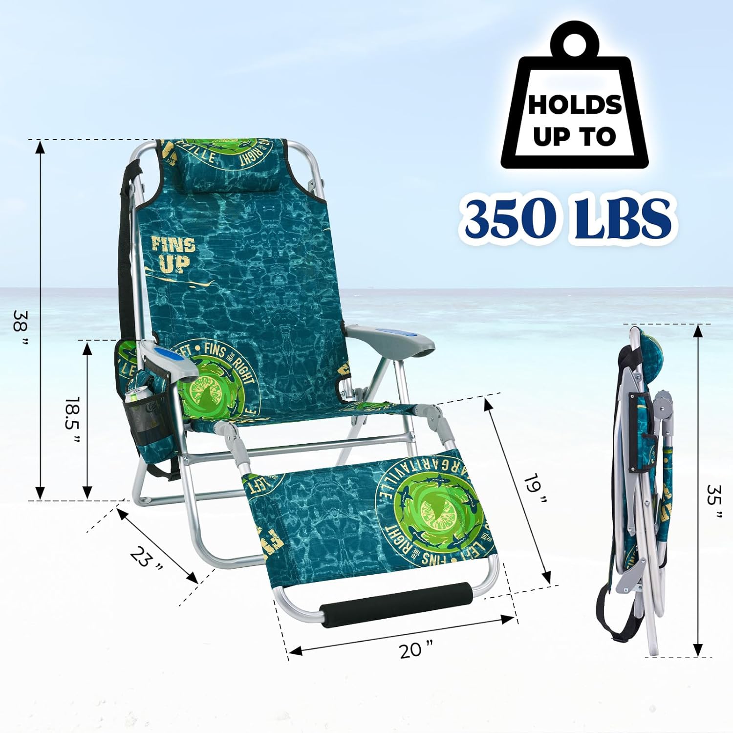 Portable Camping Beach Chair for Adults, Outdoor Lay Flat Beach Lounge Chair Folding Chairs with Footrest, Backpack Chair with Towel Bar, Cooler Pouch, Cup Holder, Geometric Green