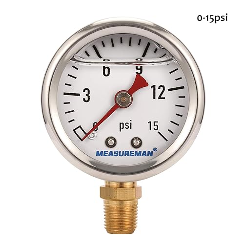 Miniatura 24 de MEASUREMAN - Manómetro de presión de combustible, 0 a 15 psi, acero inoxidable, relleno de glicerina, esfera negra de 1.5 pulgadas, adaptador en T
