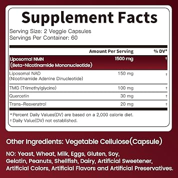Liposomal NMN Supplement 1800mg Per Serving, 5-in-1 NMN NAD Supplement | with NAD, Quercetin, TMG, Resveratrol Supports Energy & NAD Level, Non-GMO, Vegan, Third-Party Tested, 120 Veggie Capsules