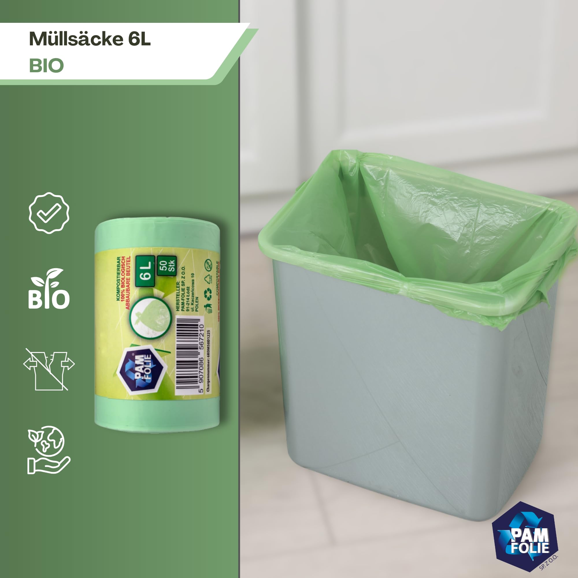 Bolsas de residuos orgánicos 5-6L - 200 piezas - Bolsas de basura compostables - 4 rollos - Bolsas de basura ecológicas y resistentes al desgarro para contenedores de residuos residuales