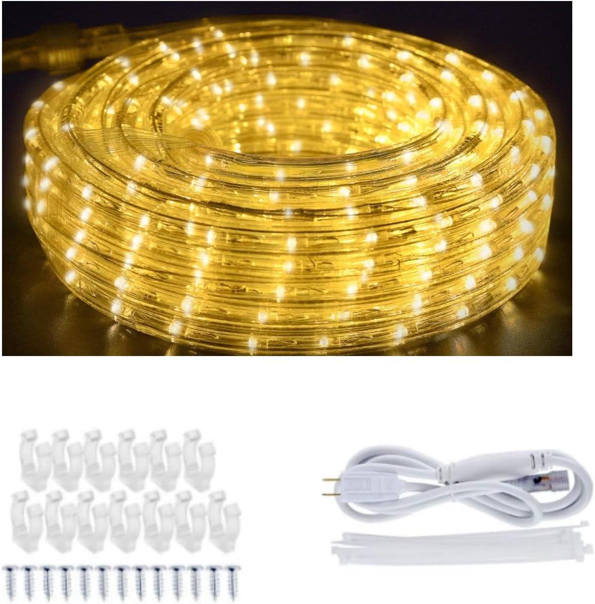 JUNWEN 40FT Connectable Waterproof LED Rope Lights Warm White 432 LEDs 110V Flexible for Patios Gardens Fences Porches