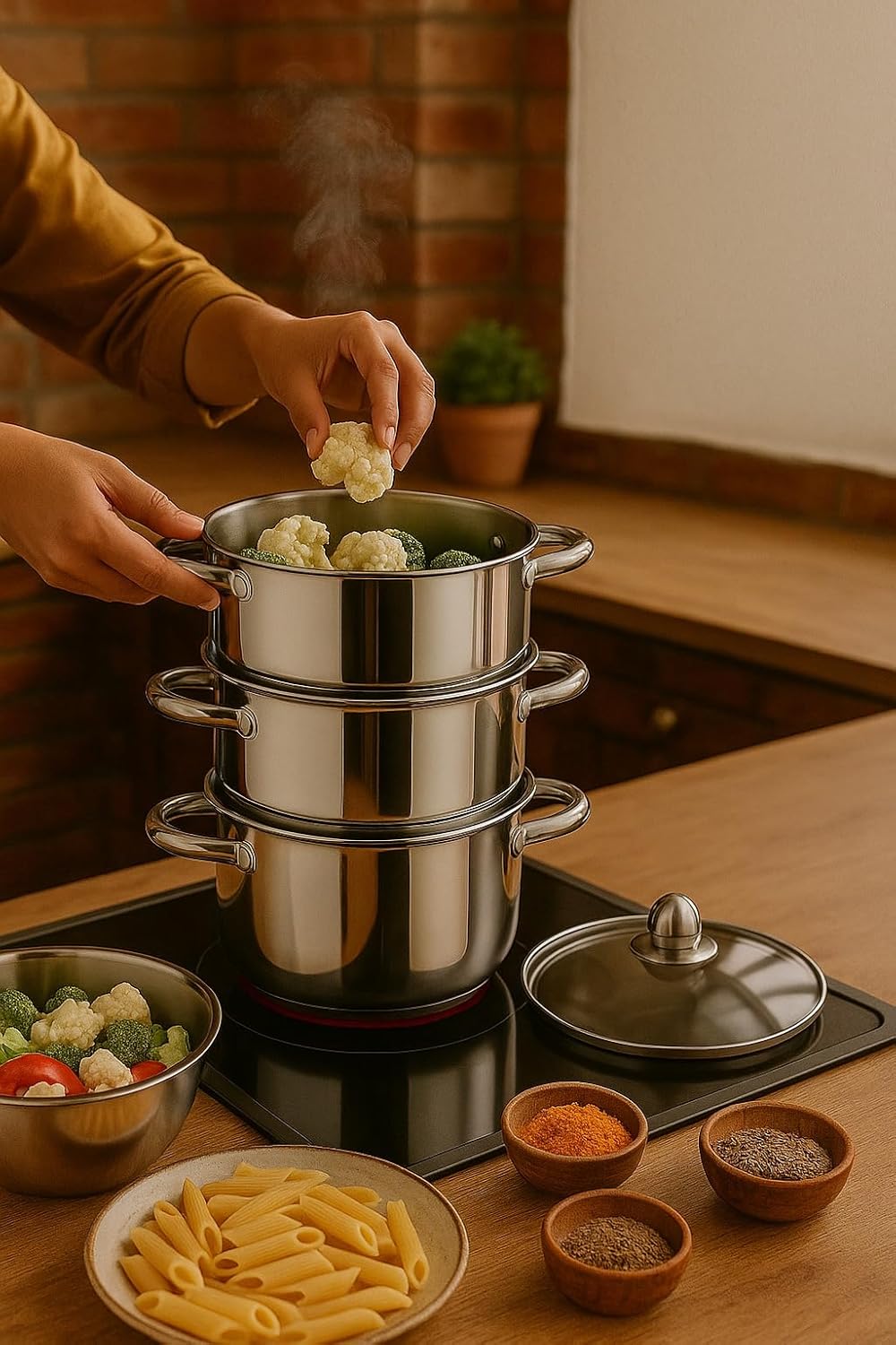 Pigeon Elantra Stainless Steel 3 Tier Steamer Pot Set with Glass Lid | Pasta Steamer Momo/Modak Maker | Vegetable Steamer | Rice Steamer (24cm)|Capsulated Induction Bottom|ISI Certified