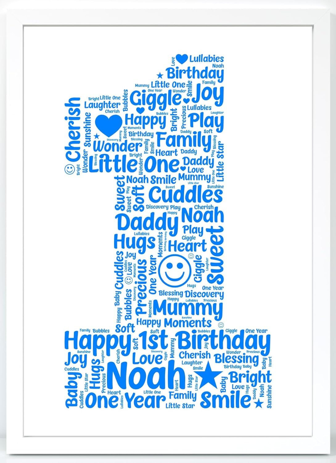 Personalised 1st Birthday Gifts for Boys - Custom Word Art Print - Unique Keepsake Present for 1 Year Old Son Grandson Nephew - Memorable First Year Birthday Gift Celebration - Framed Print (Design 2)