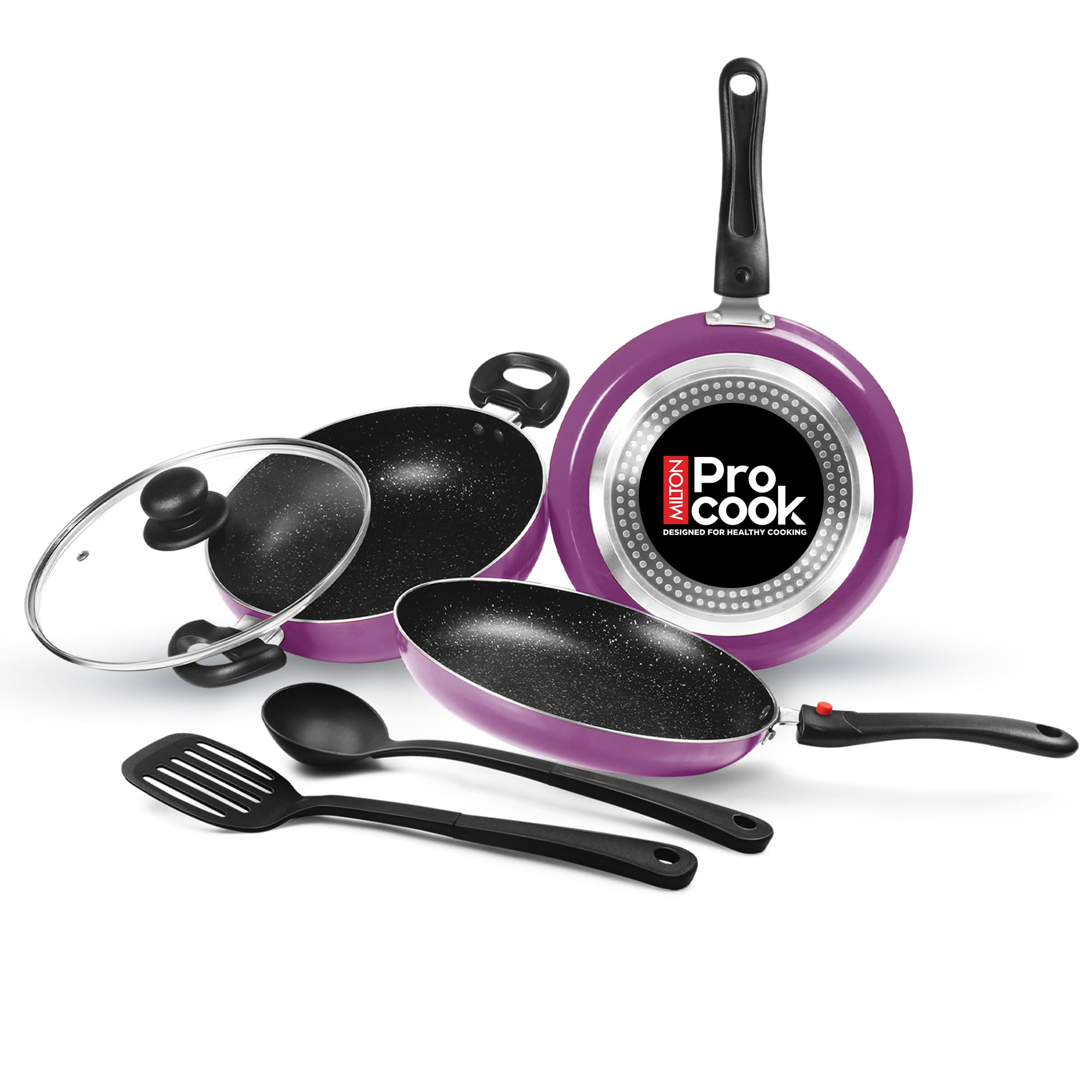 Milton Pro Cook Induction Cookware & Gas Stove Friendly Kitchen Jewel Set | 5 Pc Non-Stick Cookware Set | Kadhai with Lid, Fry Pan, Tawa, Laddle & Spatula | 5-Layer Non Stick Coating | Dark Purple