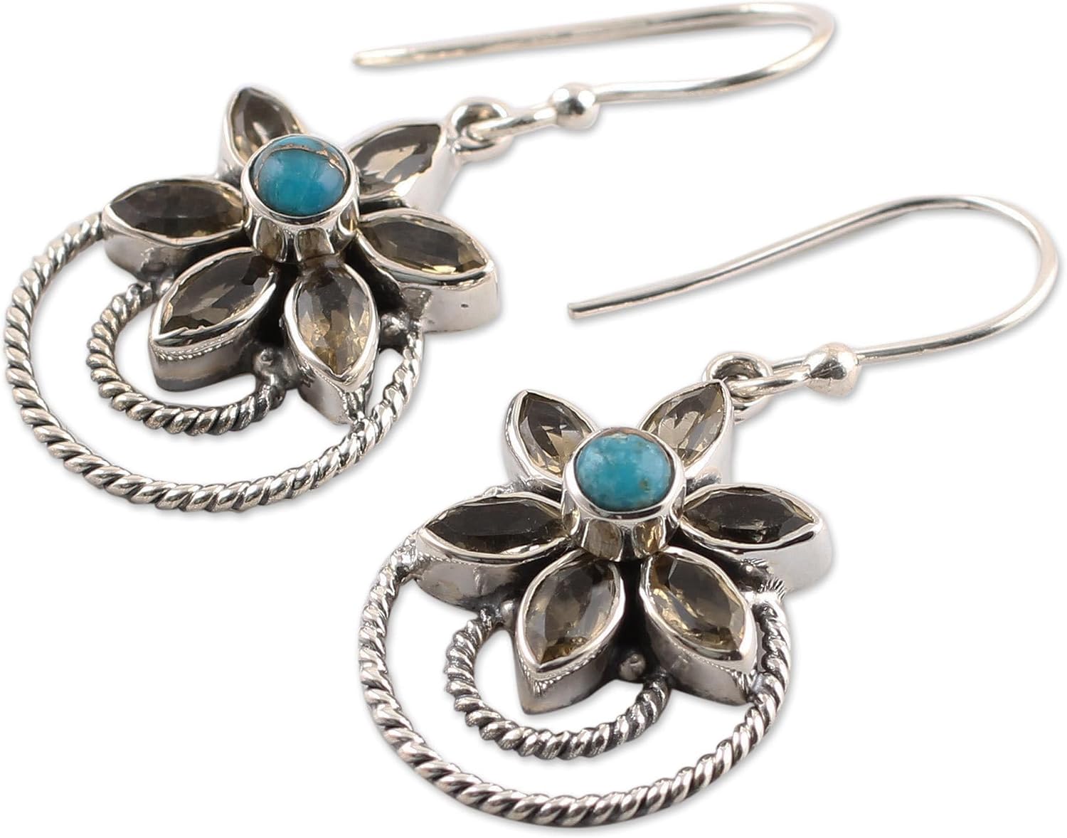 NOVICA Artisan Citrine Dangle Earrings and Composite Turquoise from India Sterling Silver Reconstituted Yellow Blue Floral Birthstone [1.6 in L x 0.7 in W x 0.4 in D] ' Golden Lilies'