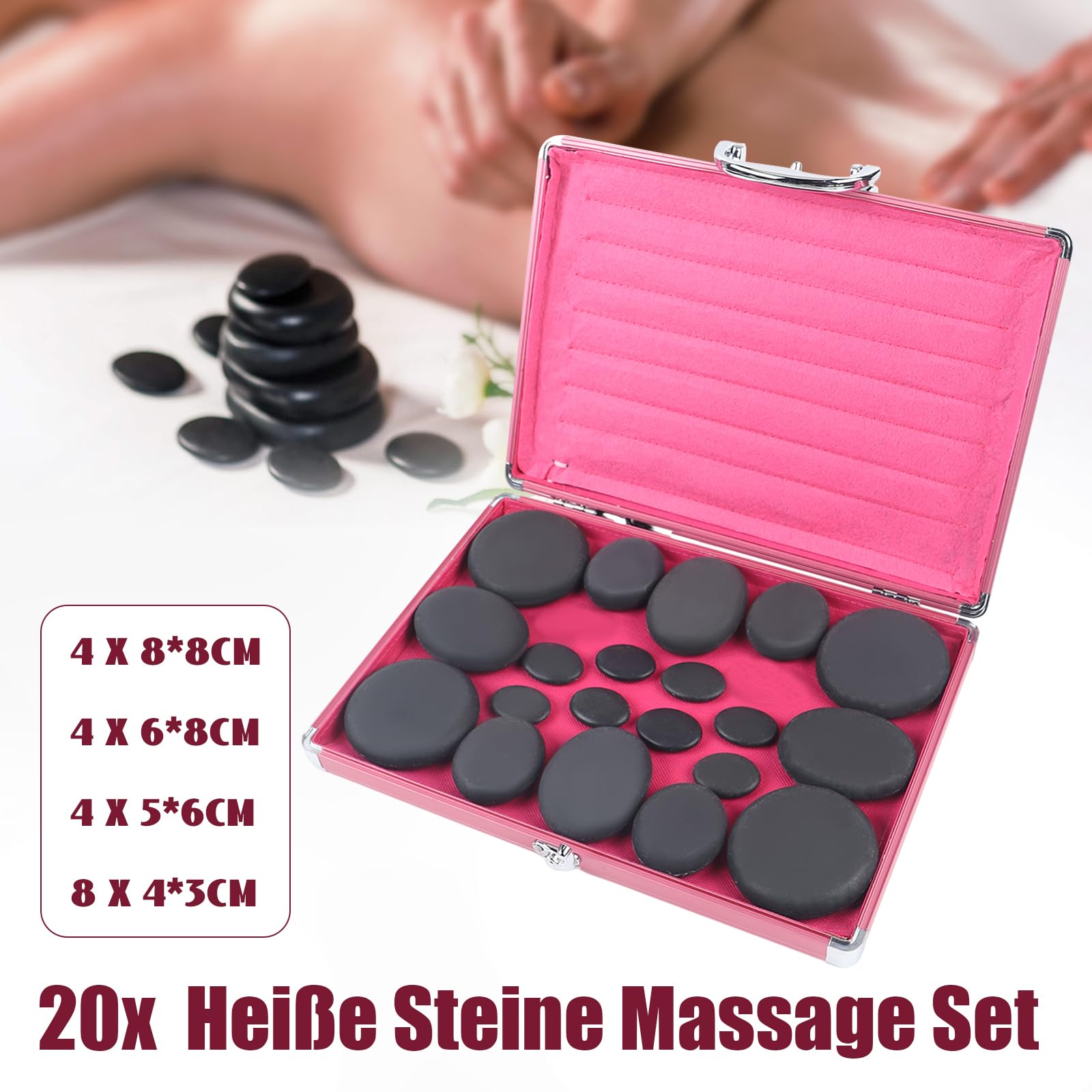 Juego de 20 piedras calientes para masaje, piedras de masaje para spa, piedras de basalto calientes con set de calefacción, piedras de masaje de basalto, para spa, terapia, salón, masaje relajante