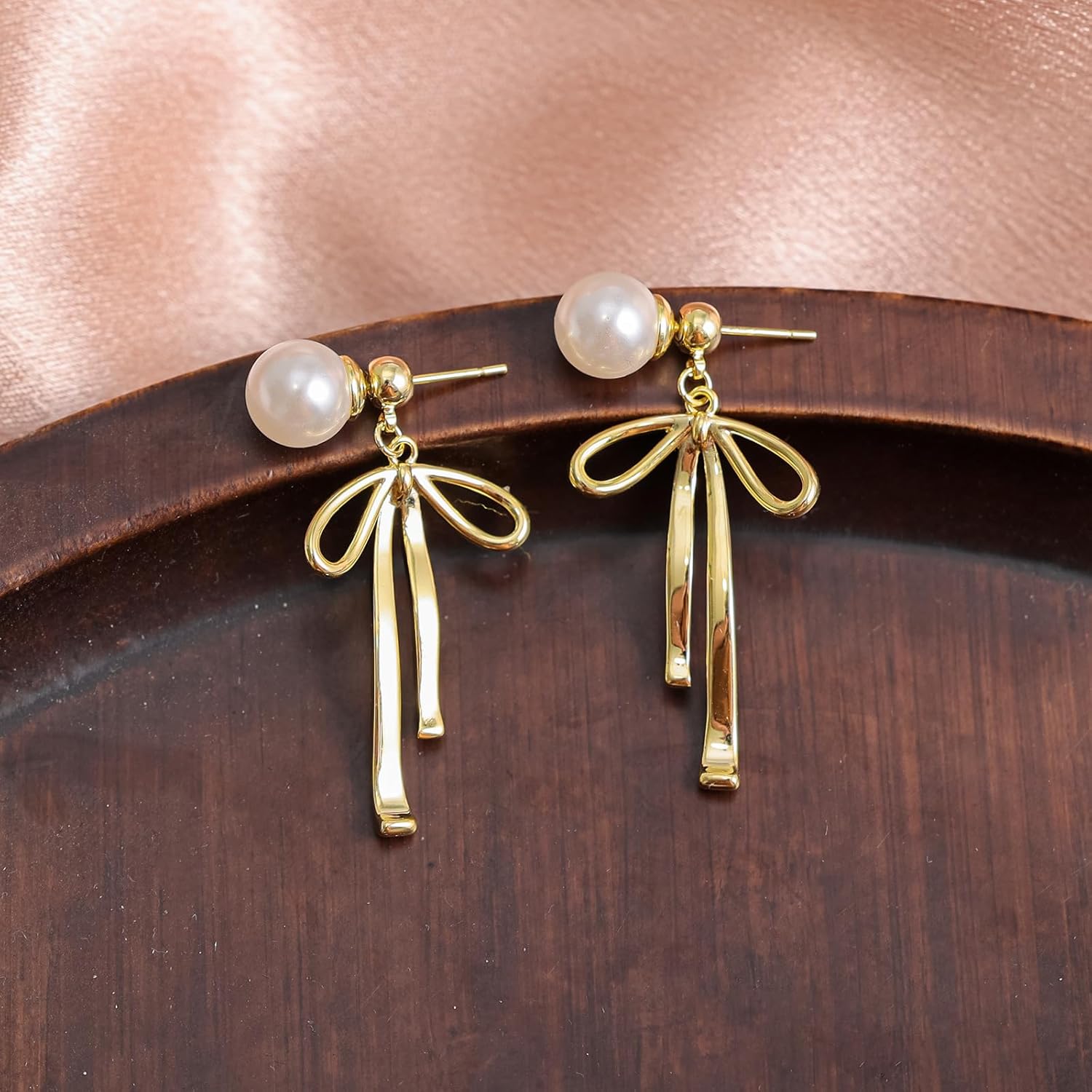 Gold Plated Ribbon Bow Earrings for Women,Vintage Delicate Pearl Hollow Bowknot Dangle Earrings,Minimalist Pearl Bow Earrings Charm Jewelry Gifts - Image 6