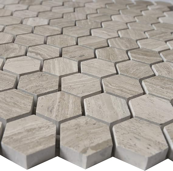5 Sheets Marble Mosaic Tile for Kitchen Backsplash, Bathroom Shower Floor etc., 1X1 Hexagon, 11-1/2X11 X3/8 (Set of 5 Sheets, WOMM1HEX - White Oak Polished)