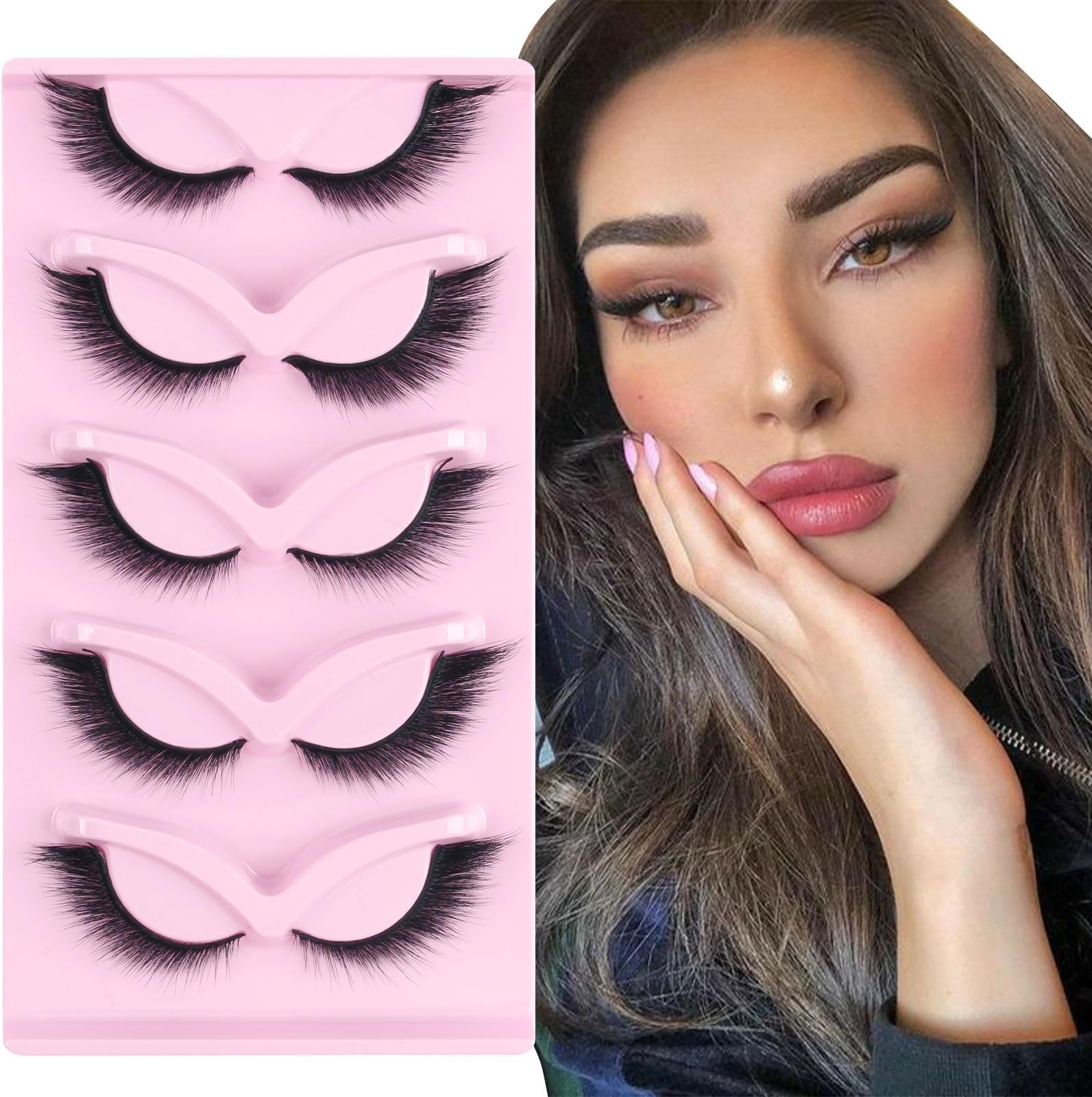 – False Eyelashes Fluffy Fox Eye Lashes Sexy Cat Eye Eyelashes Soft Winged Angel Fake Lashes Wispy Lightweight Faux Mink Lashes (5 Pairs)