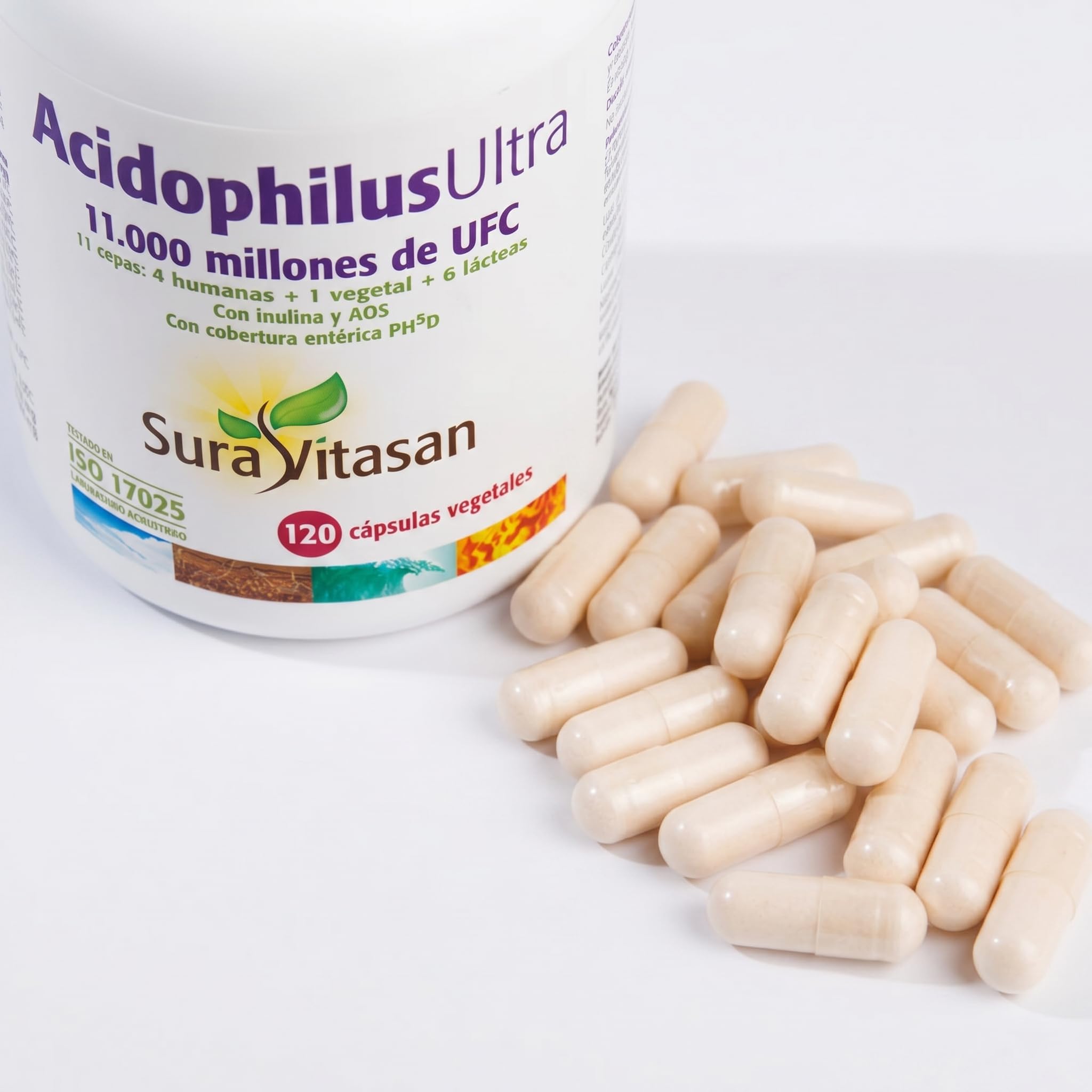 SURA VITASAN Acidophilus Ultra 120 Cápsulas con Cobertura Entérica | Probióticos con 11.000 Millones de UFC, 11 Cepas + Prebióticos FOS/AOS, para Equilibrio de Microbiota, Salud Intestinal