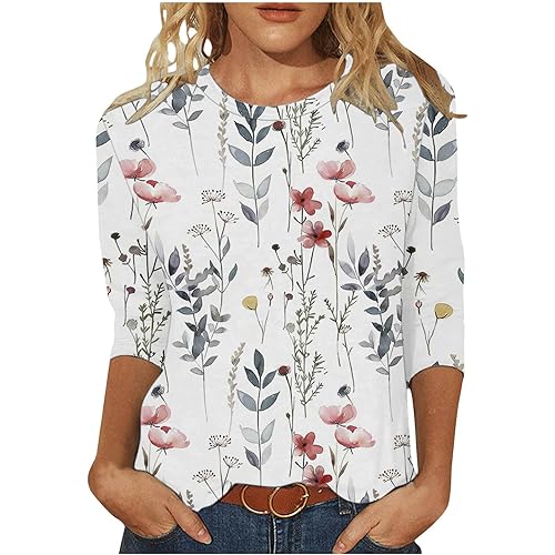 Womens 3/4 Sleeve Length T Shirts Floral Print Summer Vacation Tops Dressy Causal Blouses Shirt 2024 Trendy Clothing
