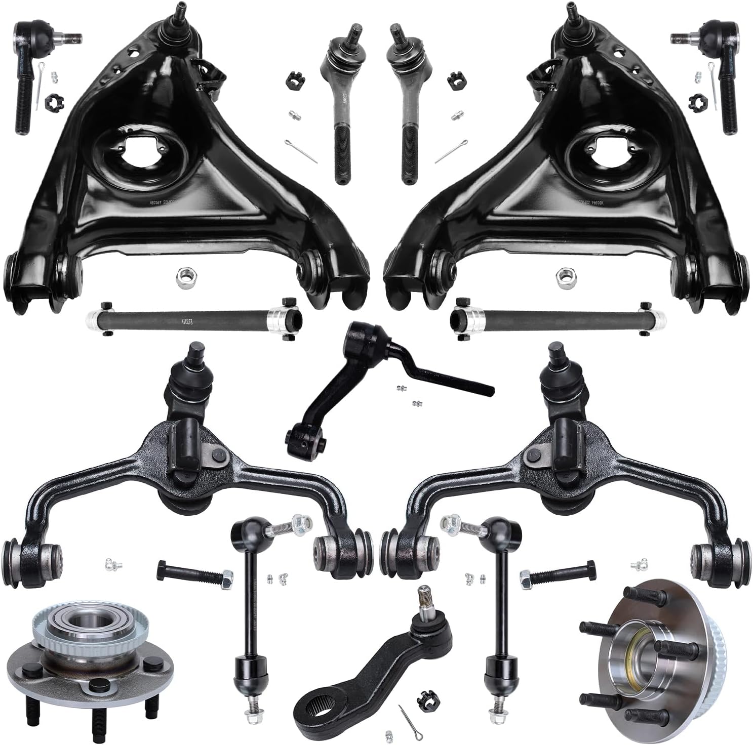 Detroit Axle - 16pc Front End Kit for Crown Victoria Town Car Grand Marquis, 4 Upper Lower Control Arms 2 Adjusting Sleeves 2 Wheel Hubs 4 Tie Rods 2 Sway Bars 2 Pitman and Idler Arm Replacement