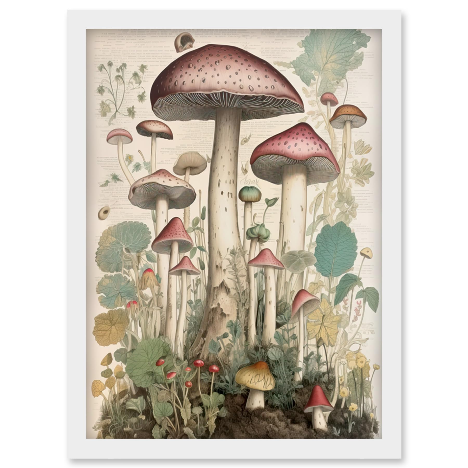 Artery8 Mushroom Fungi Botanical Page Photograph Vintage Cottagecore Rustic Aesthetic Kitchen Artwork Framed Wall Art Print A4