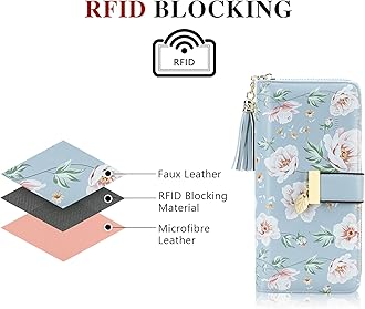 Pomelo Best Womens Wallet RFID Blocking Large Capacity Long Purse with 12 Card Slots, Zipper Phone Coin Pocket (Peony - Blue)